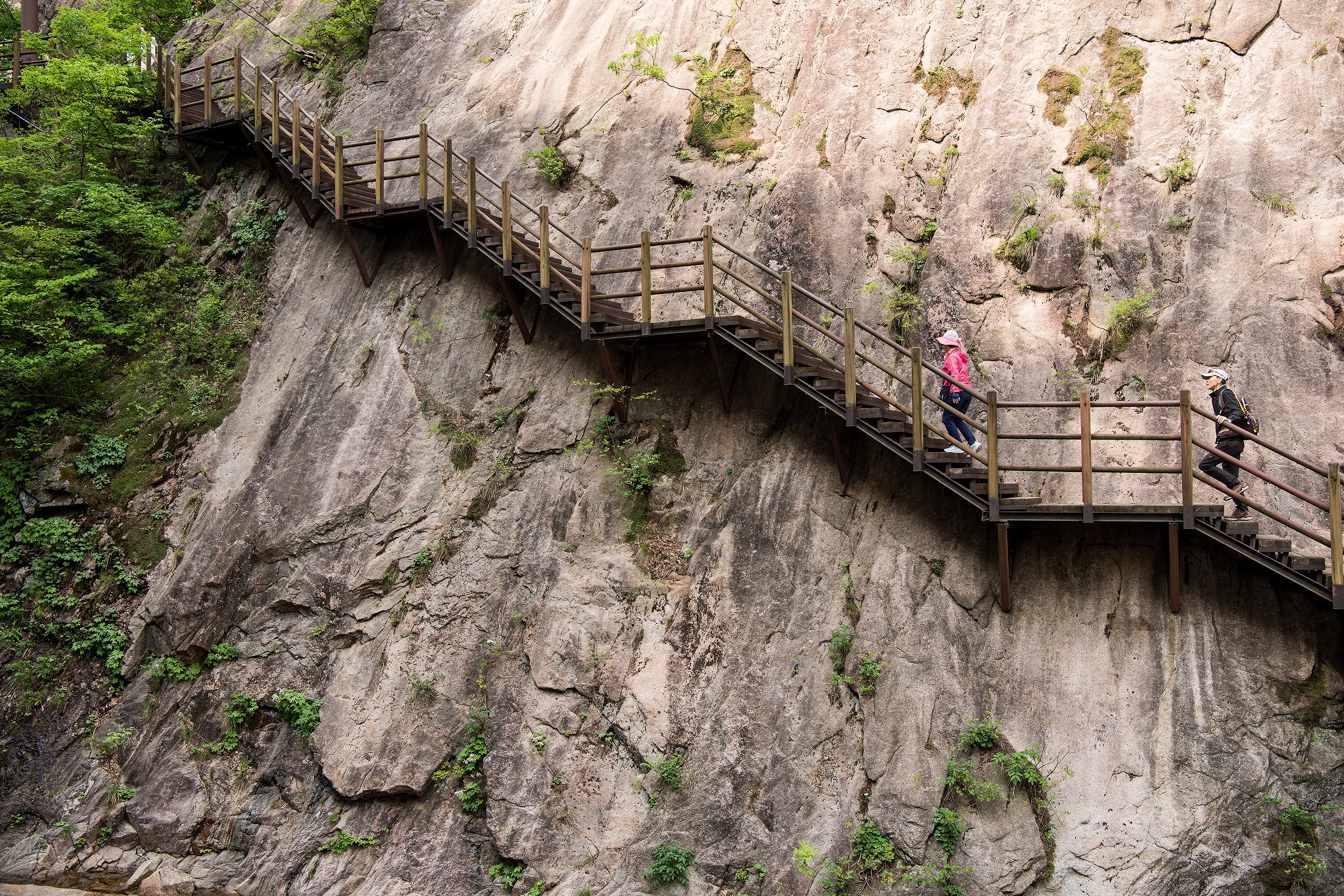 Wooden staircase built onto a rockface with a woman walking up the stairs
