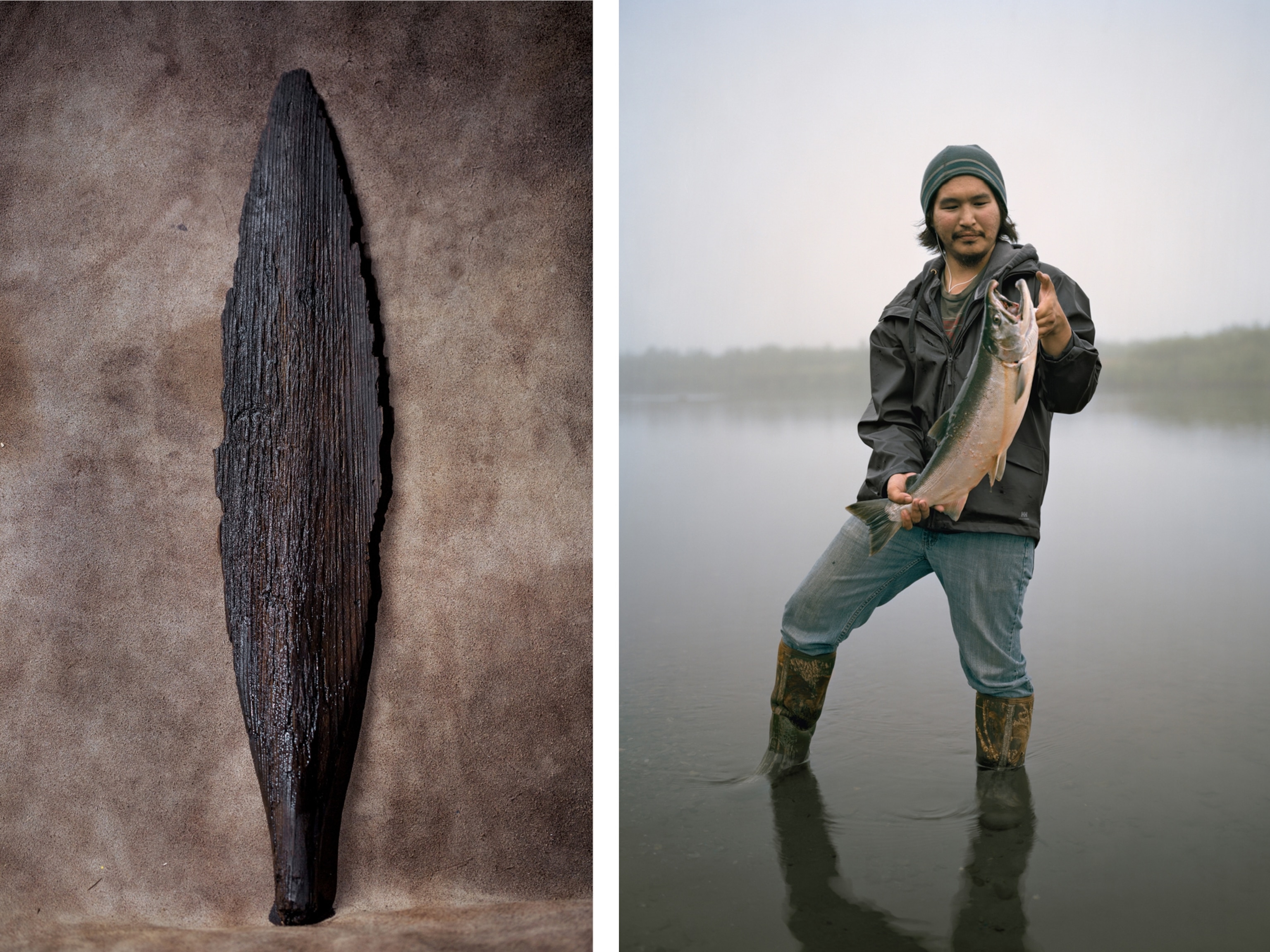 a wooden paddle blade and a fisherman with catch