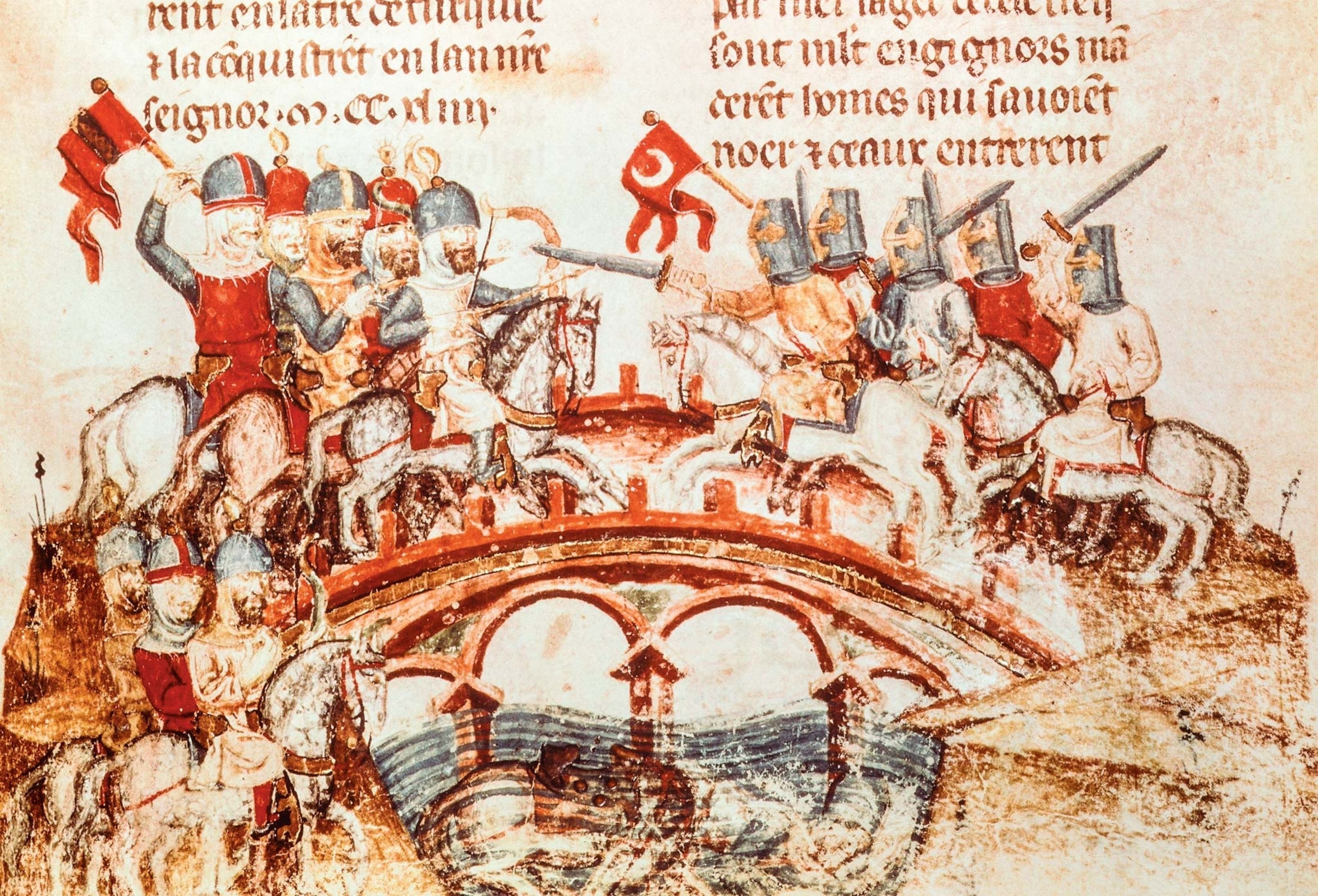 A miniature shows a cavalry try to repel an attack on a bridge over a river
