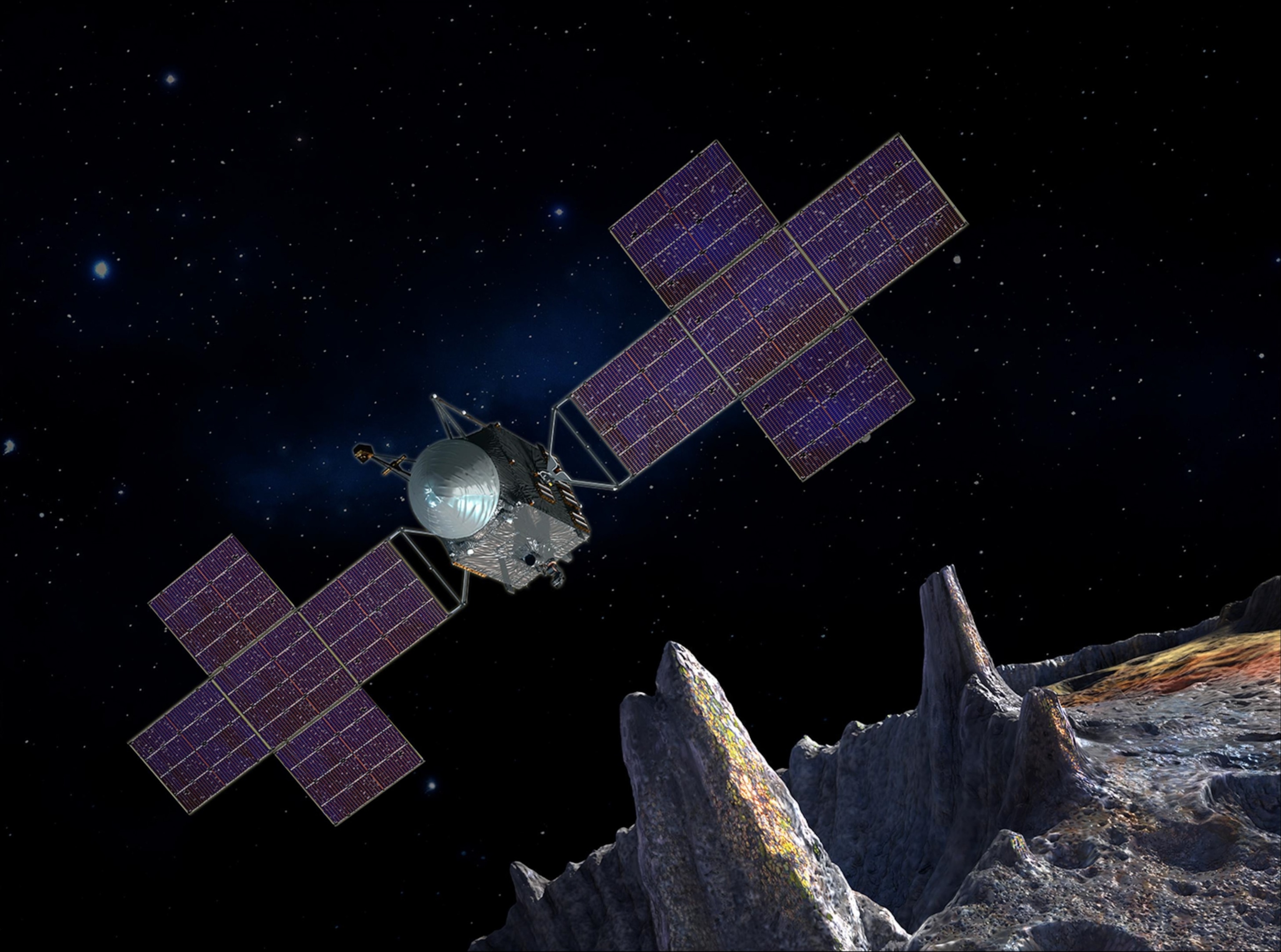 Illustration of the spacecraft of NASA's Psyche mission near the mission's target, the metal asteroid Psyche