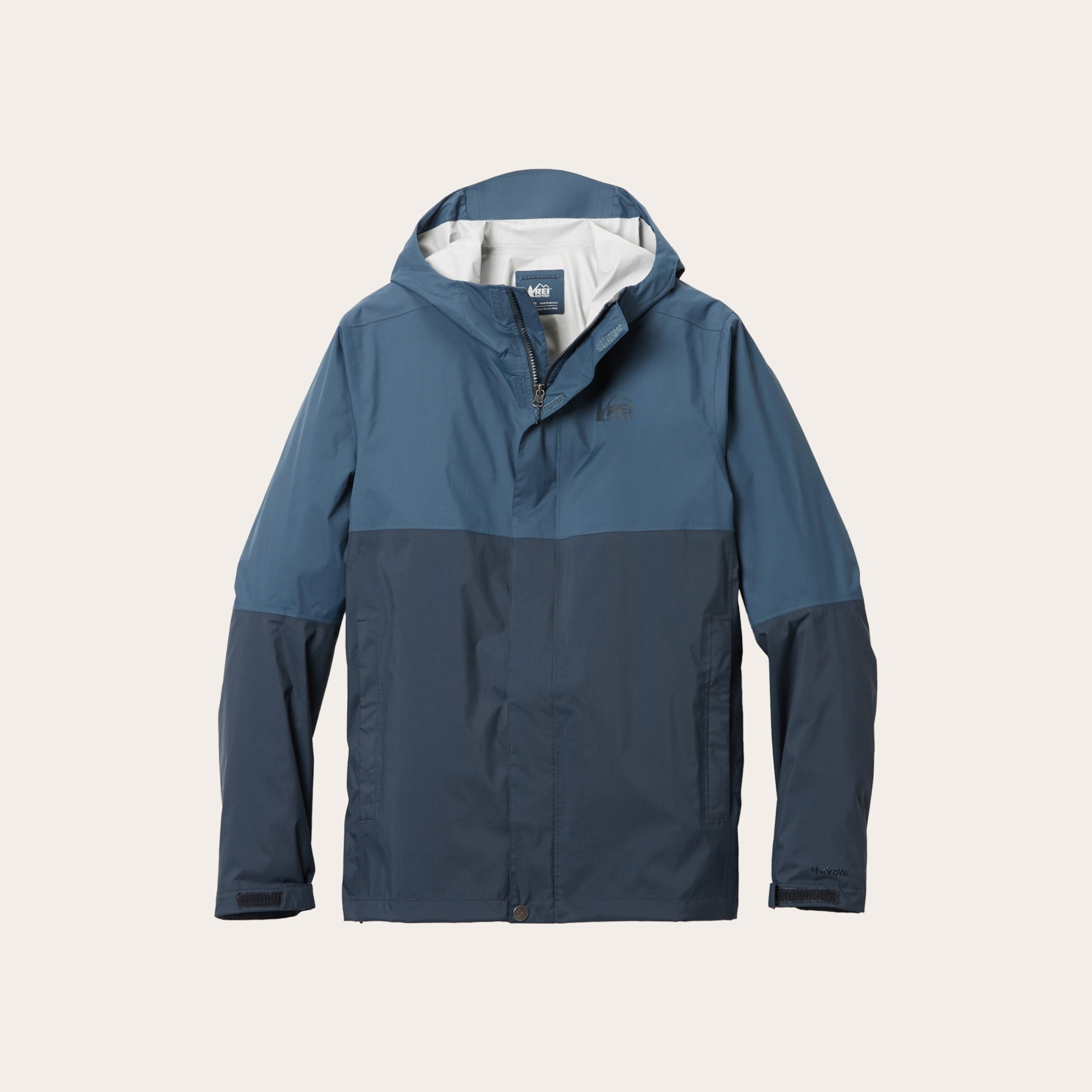 Dark blue rain jacket.