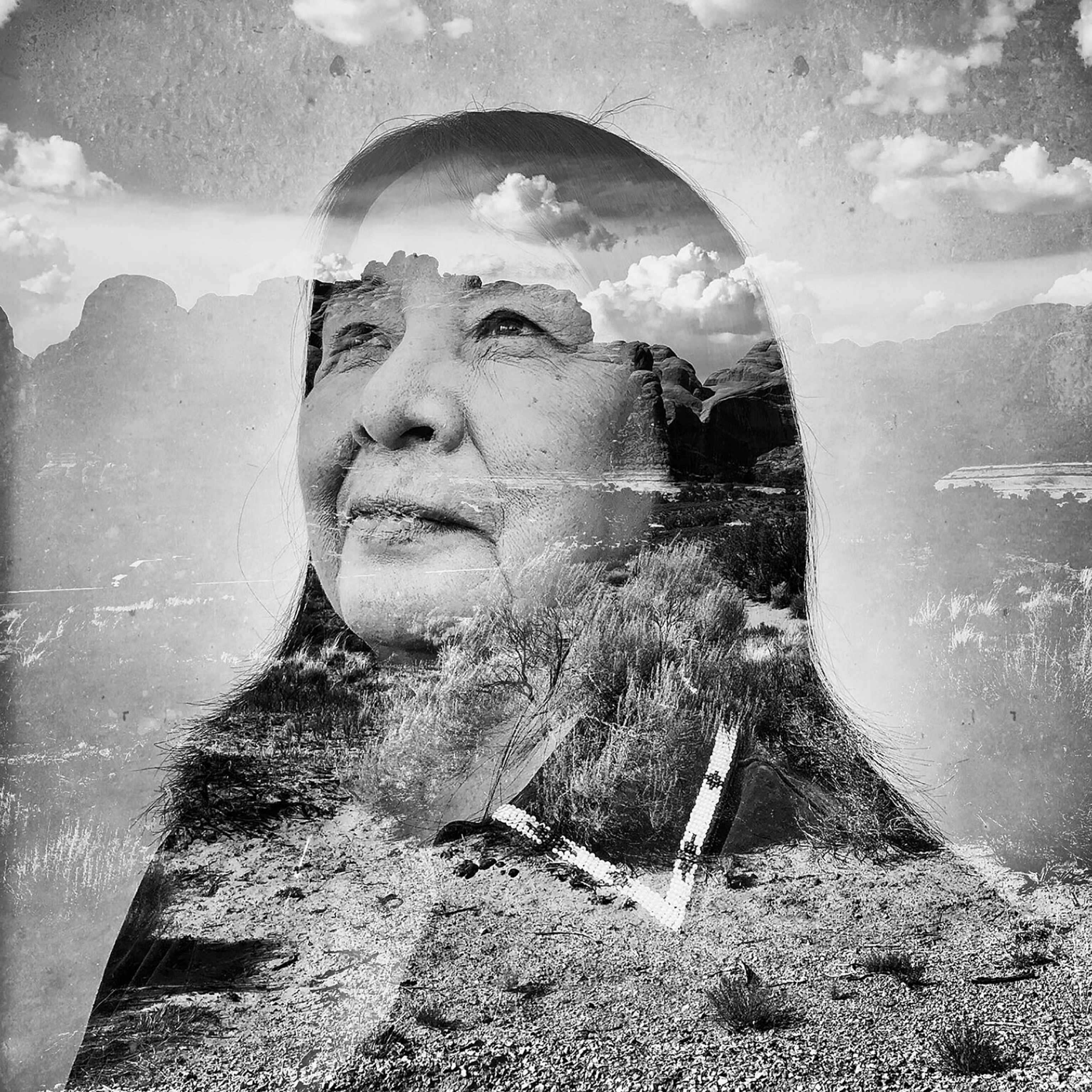 Picture of woman face seen through landscape with sky.
