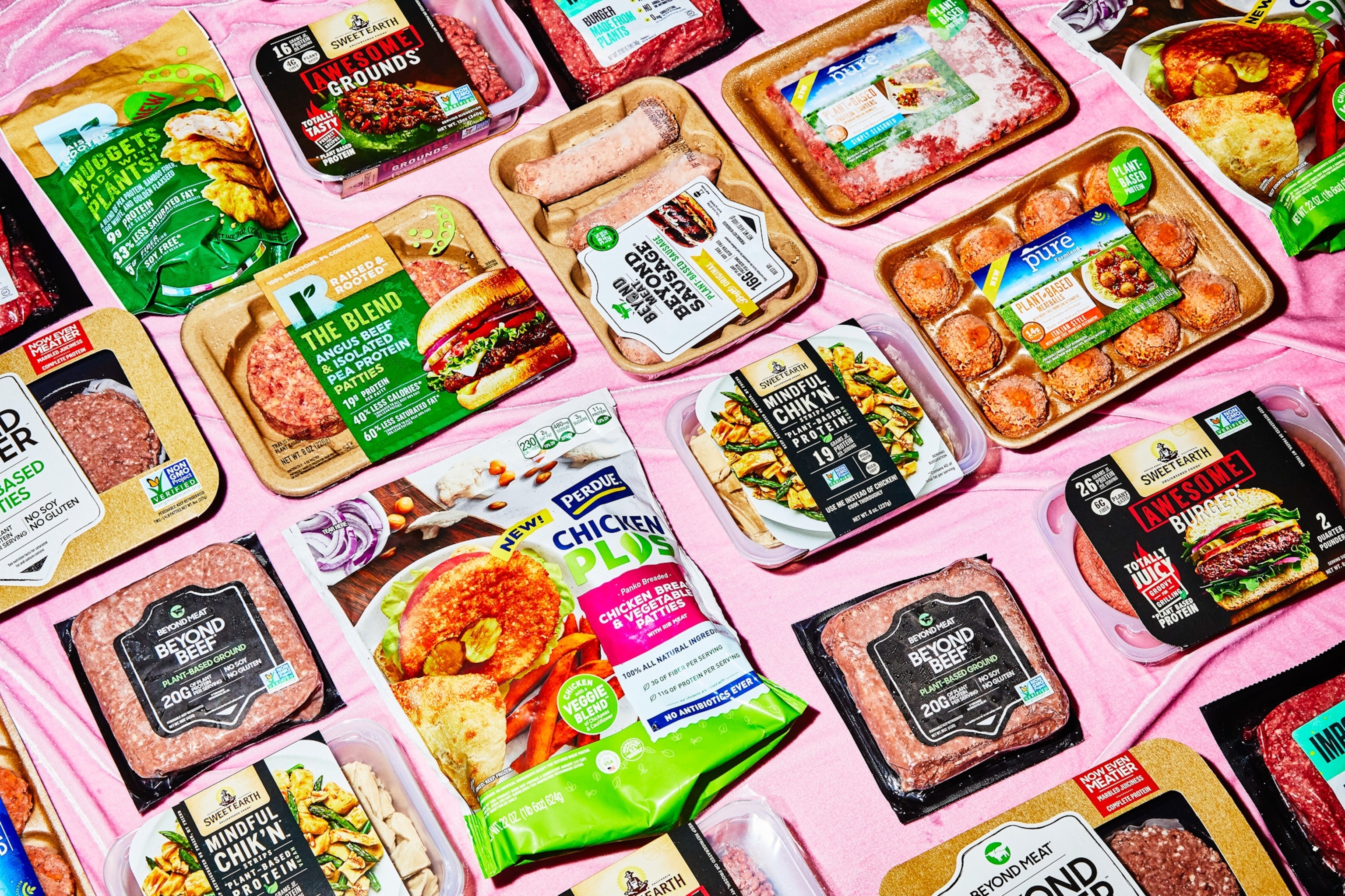 A variety of plant based food options are aligned.