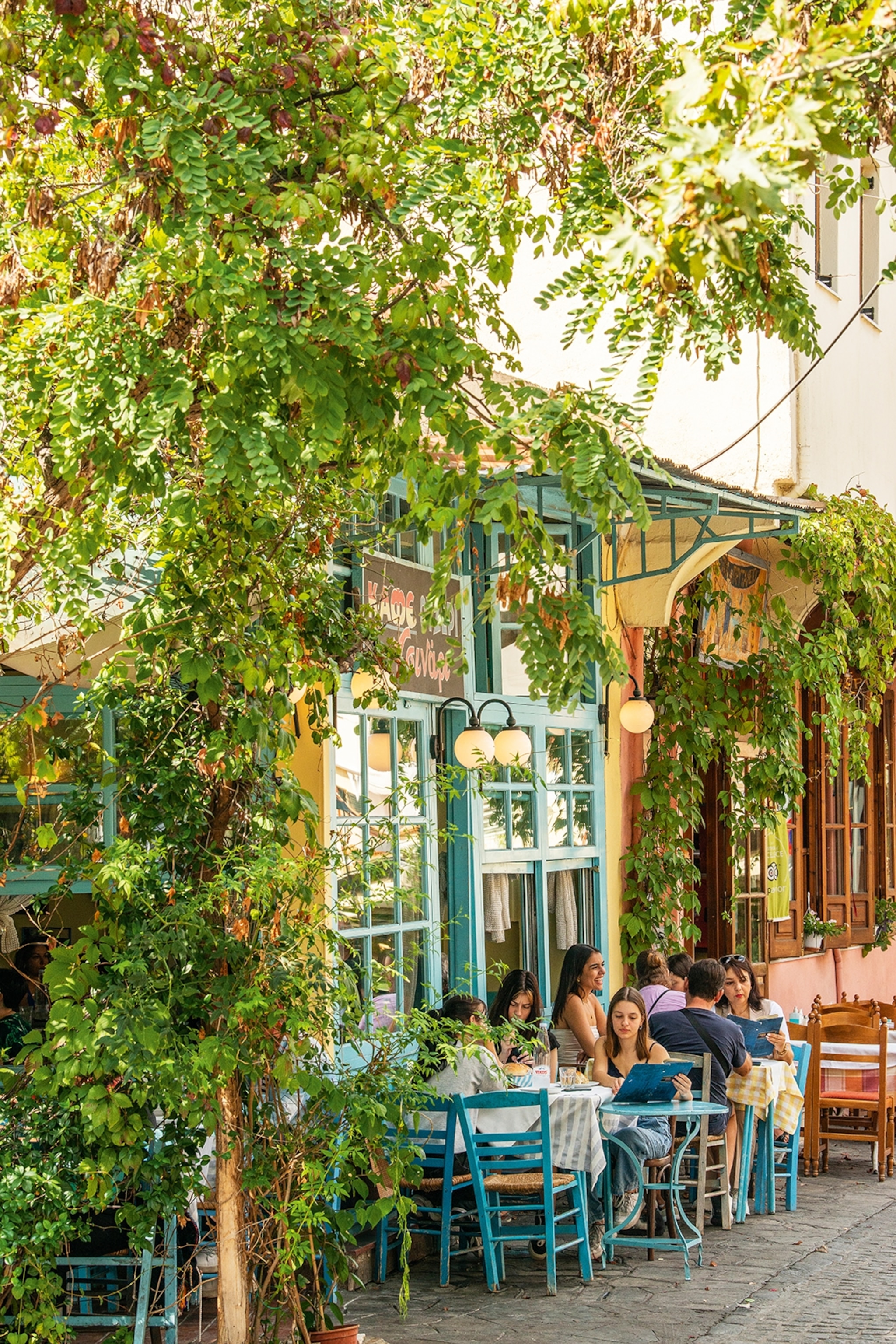 A narrow, colourful and plant-overgrown taverna located on a cobble stone street.