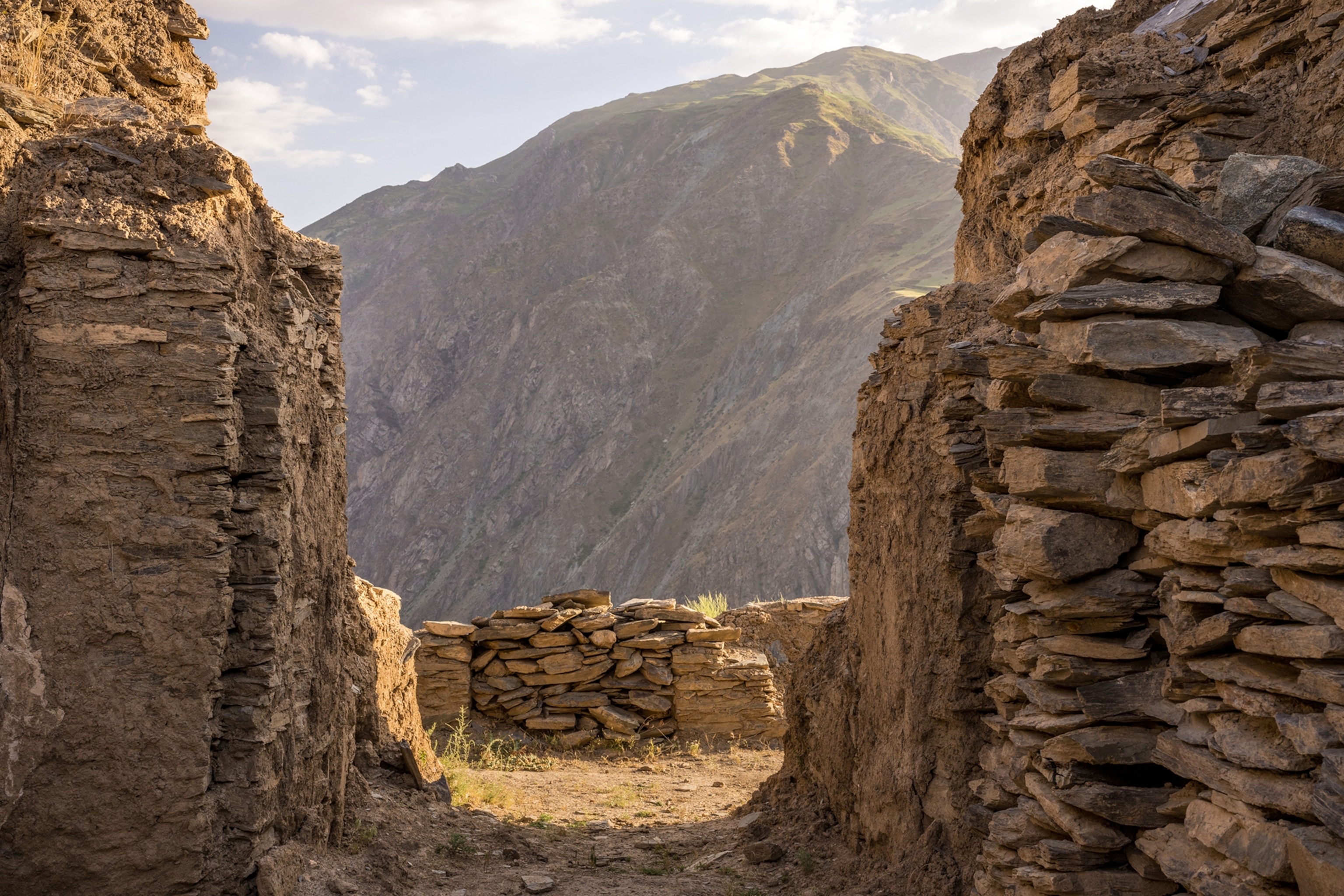 A view through the ruins of the Castle Karon in Tajikistan.