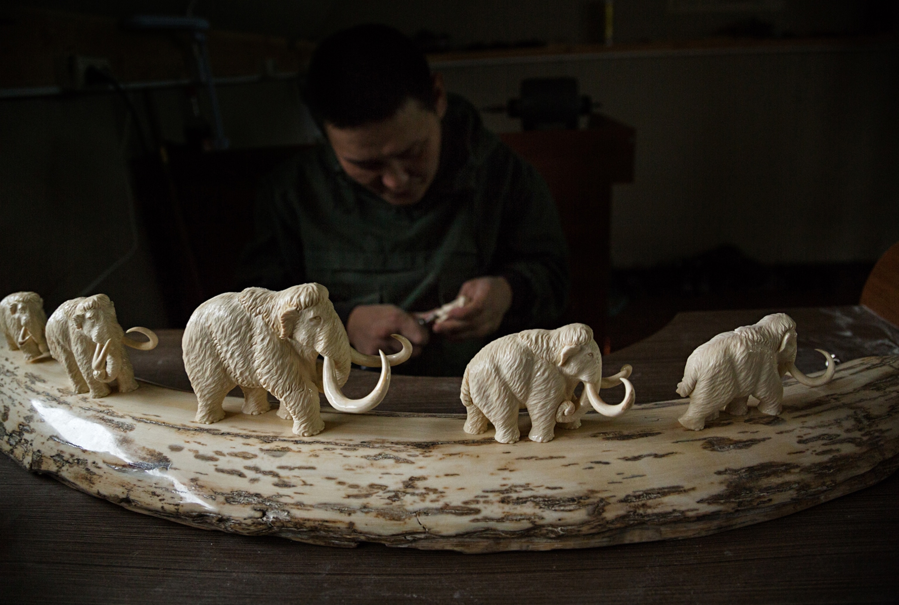 an ivory carver creating miniature mammoths from their tusks