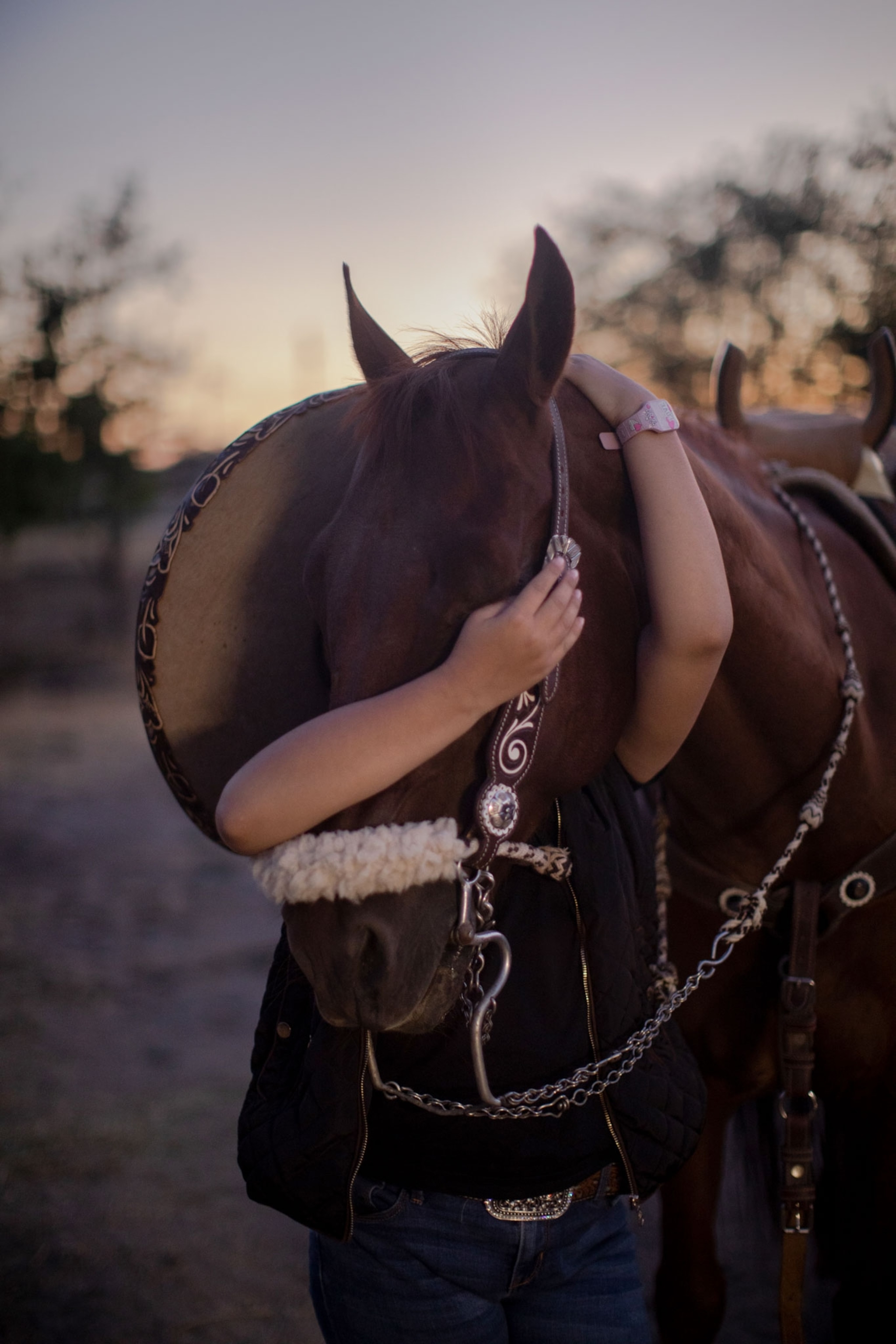 a girl hugs her horse after practice for a rode competition
