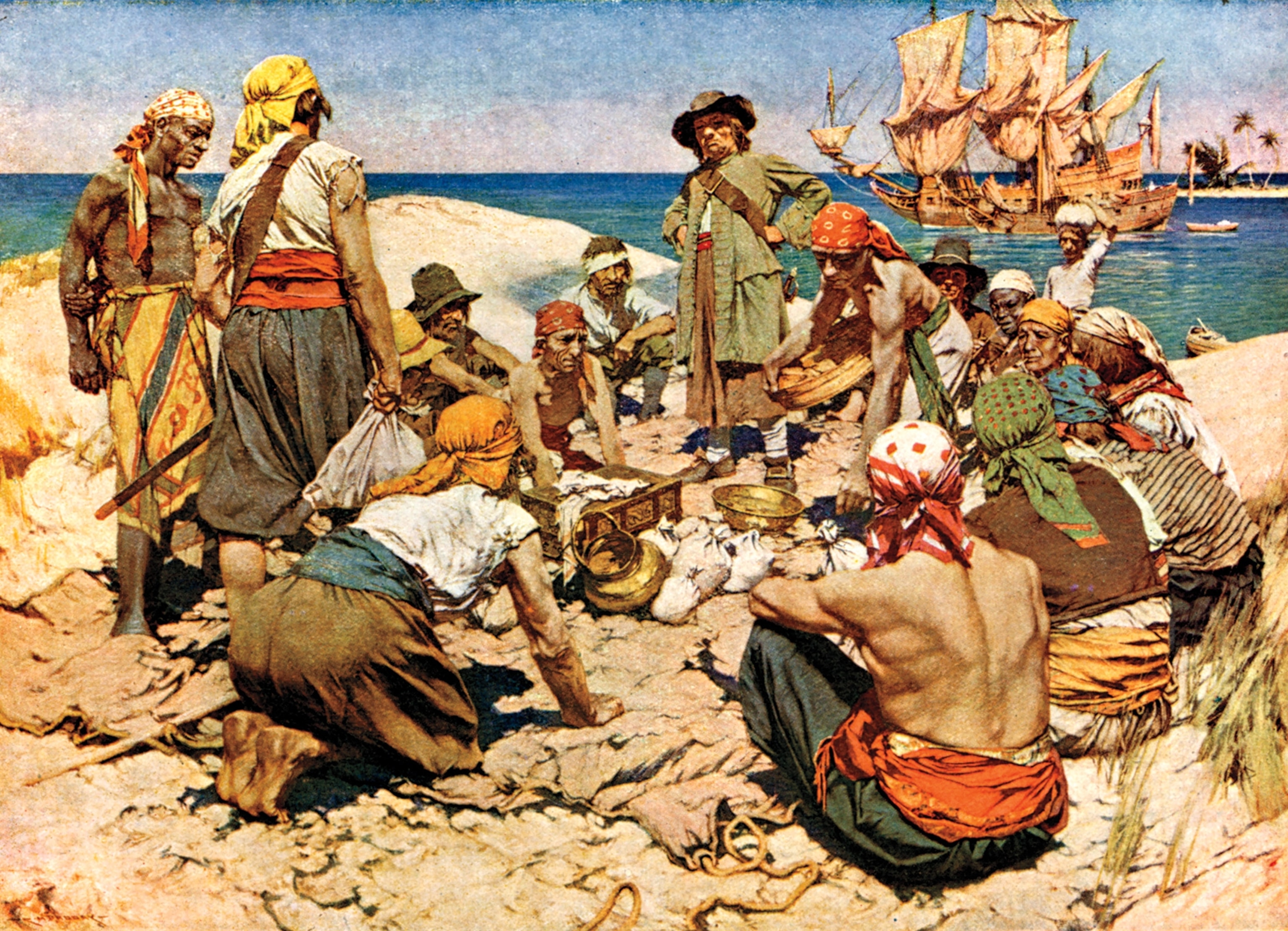 Common pop culture depictions of pirate garb, as shown here in this early 20th century artwork, are often based on fanciful descriptions of their attire and language.