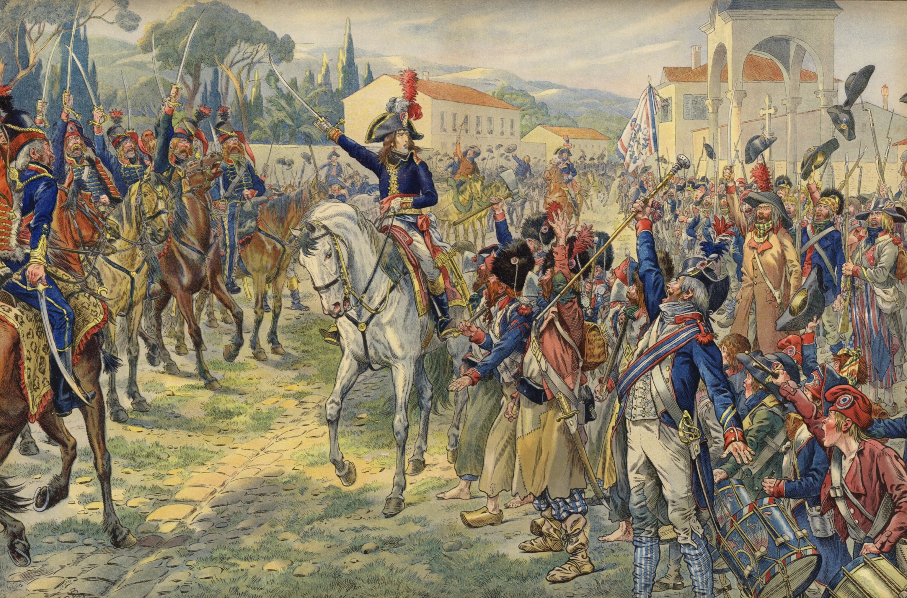 Chaos as Napoleon on horseback and troops.