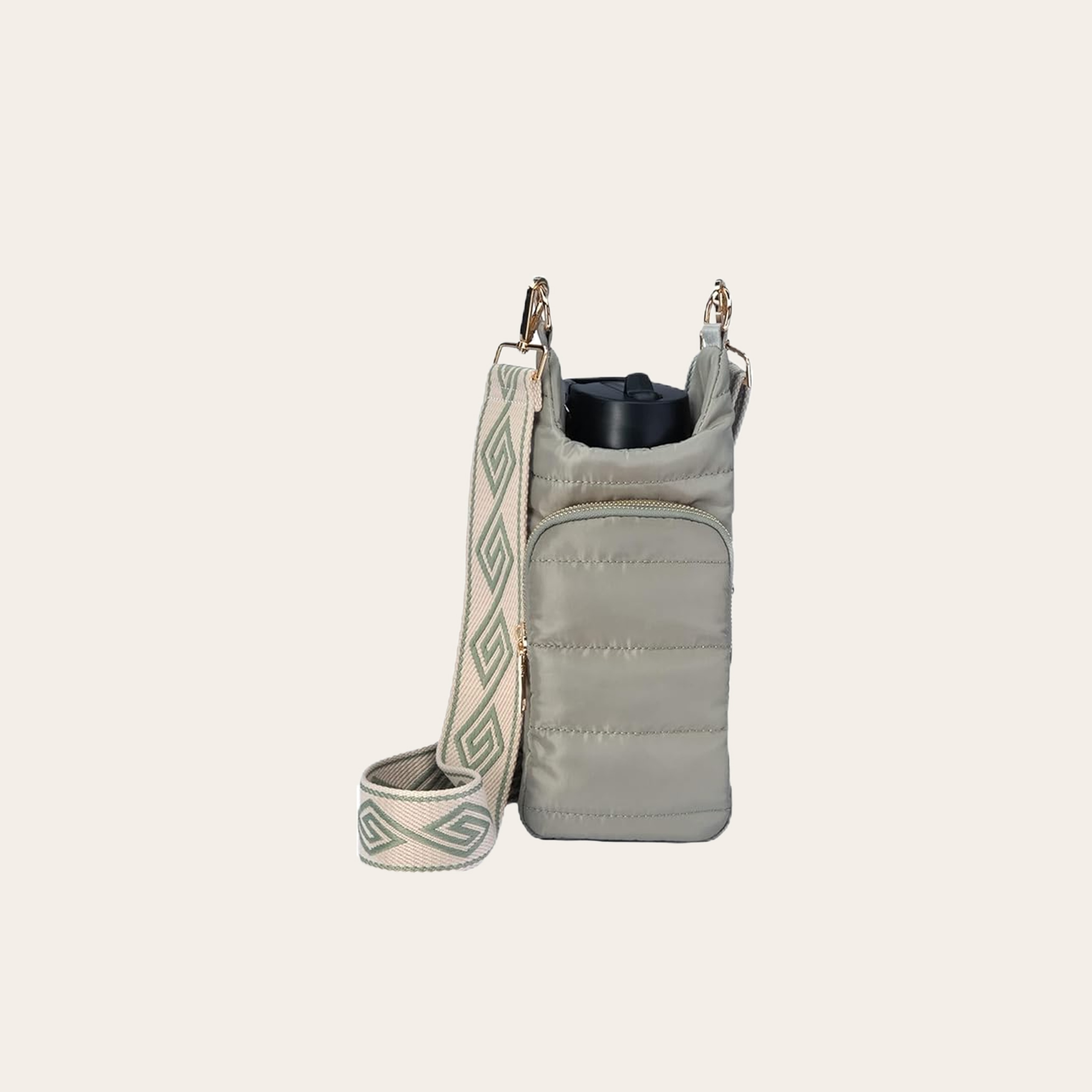 A thin grey bag just large enough to fit a water bottle, the bag has a single strap.