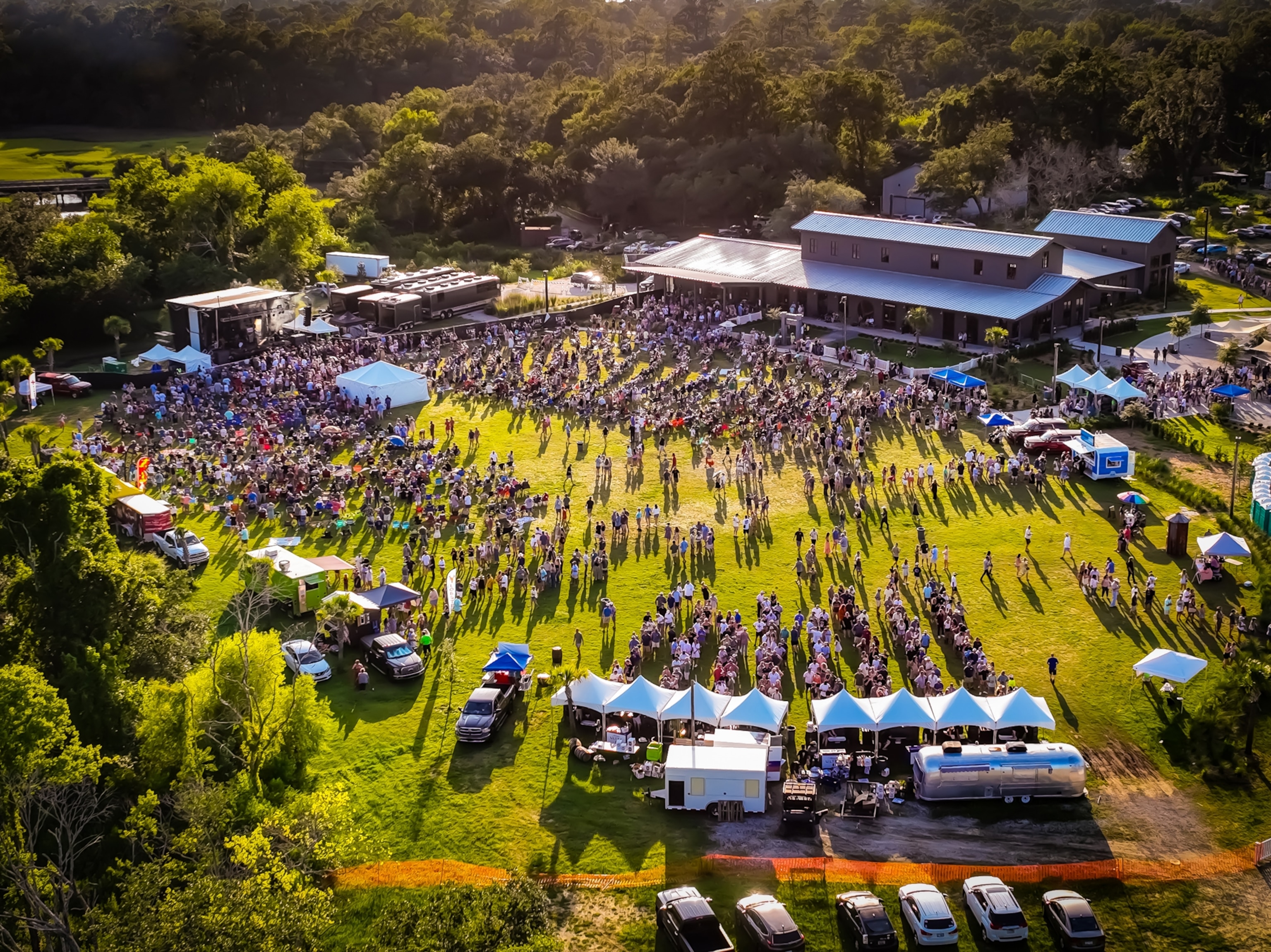 A aerial view of a crowd full of people at a venue.