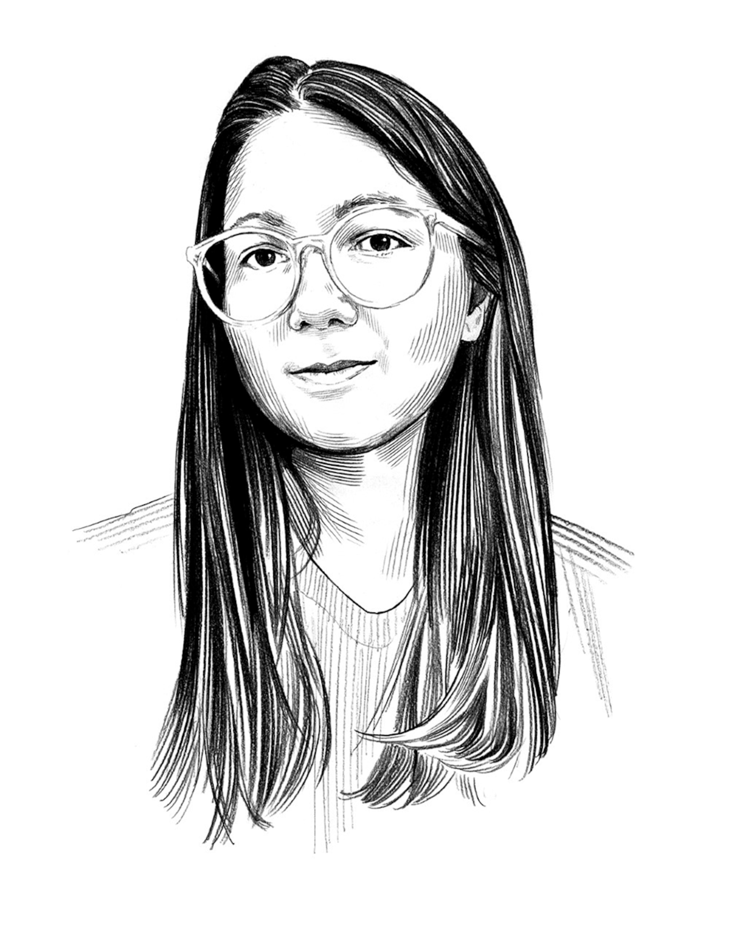 Picture of pencil portrait of young woman with long hair.