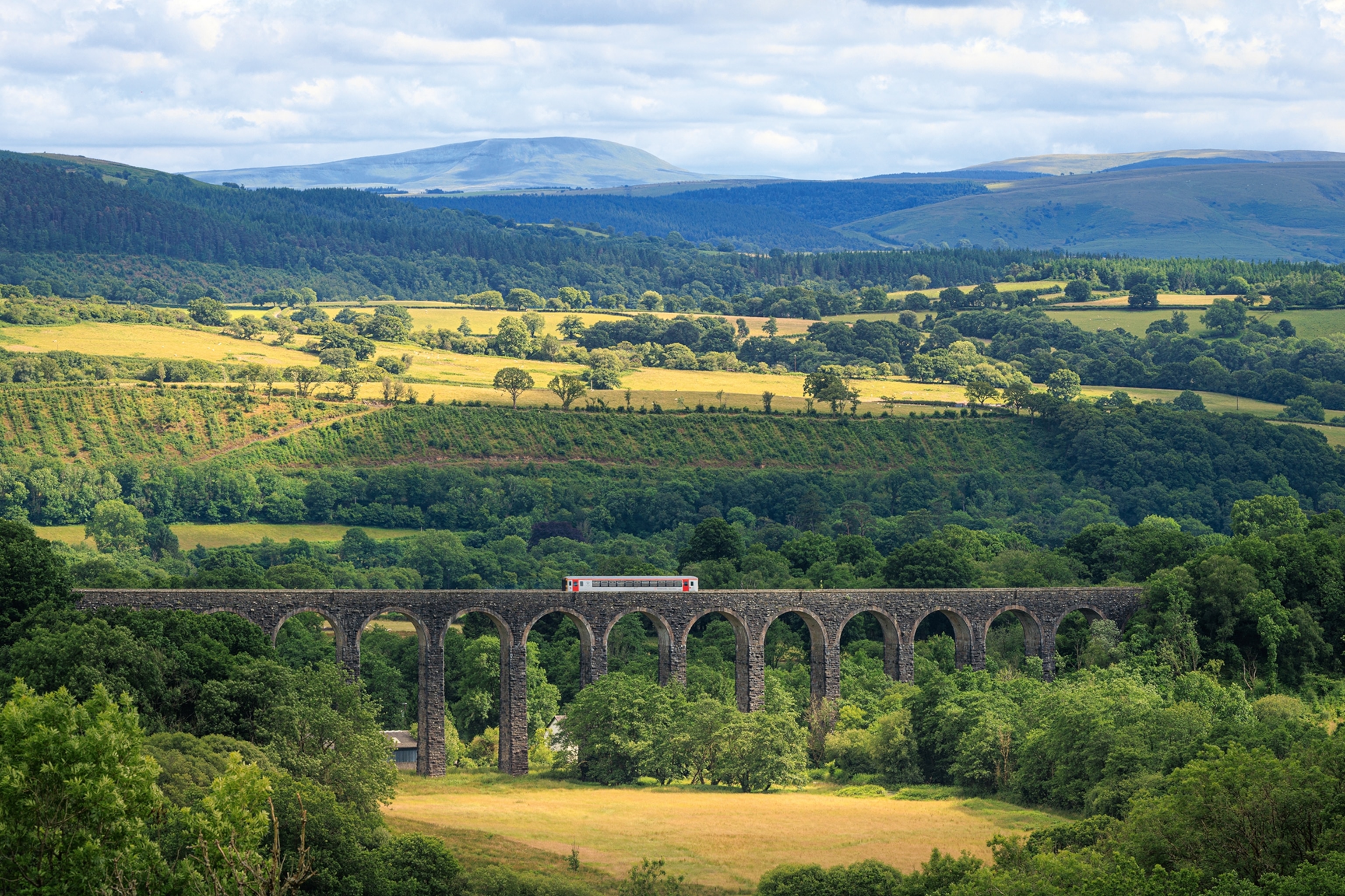 A short train passing over a free-standing, arched viaduct through flat farmland.