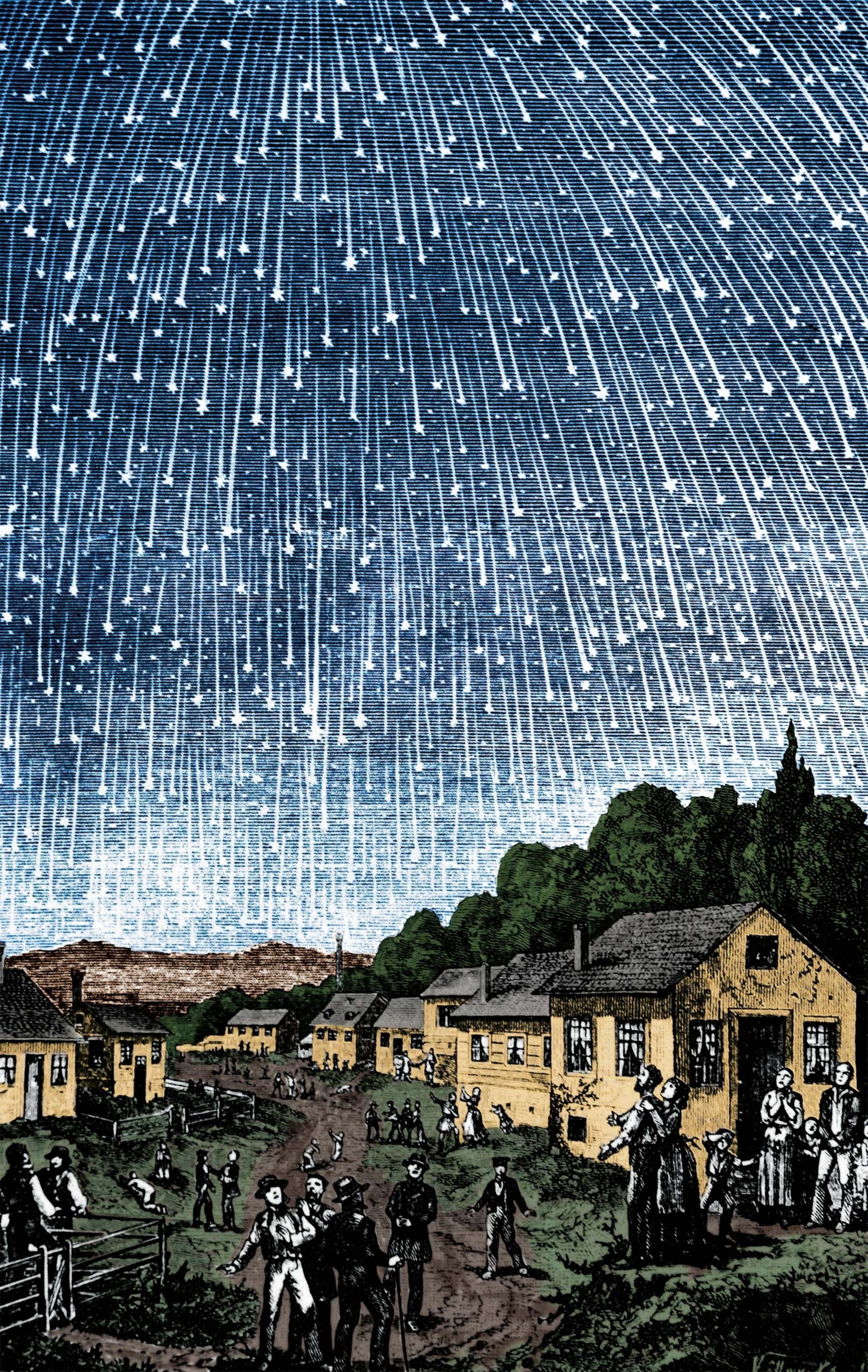 "The Falling Stars," an 1889 wood-cut engraving, depicts a meteor shower in 1833.