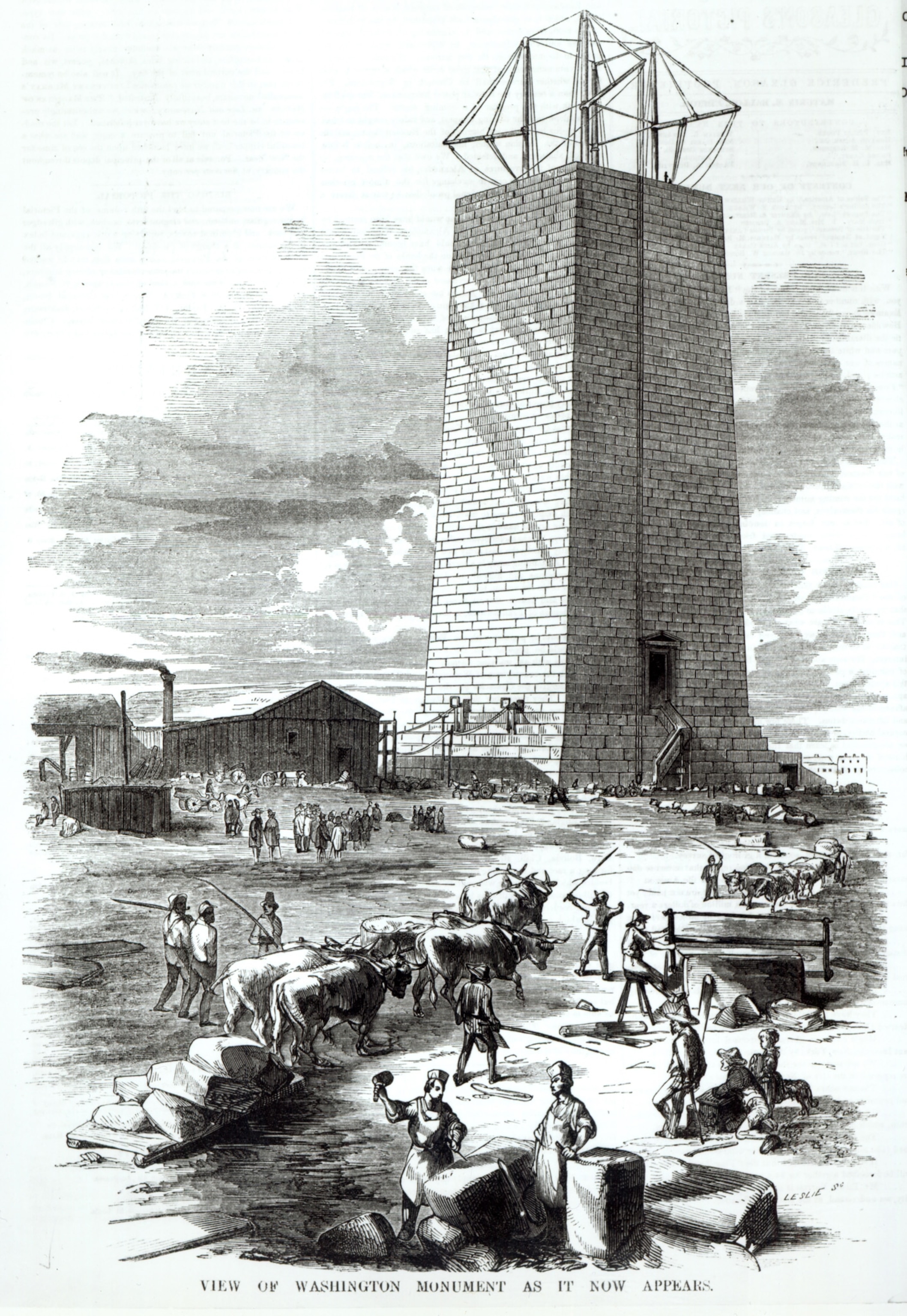 Black and white engraving of construction of Washington Monument with cattle in foreground.