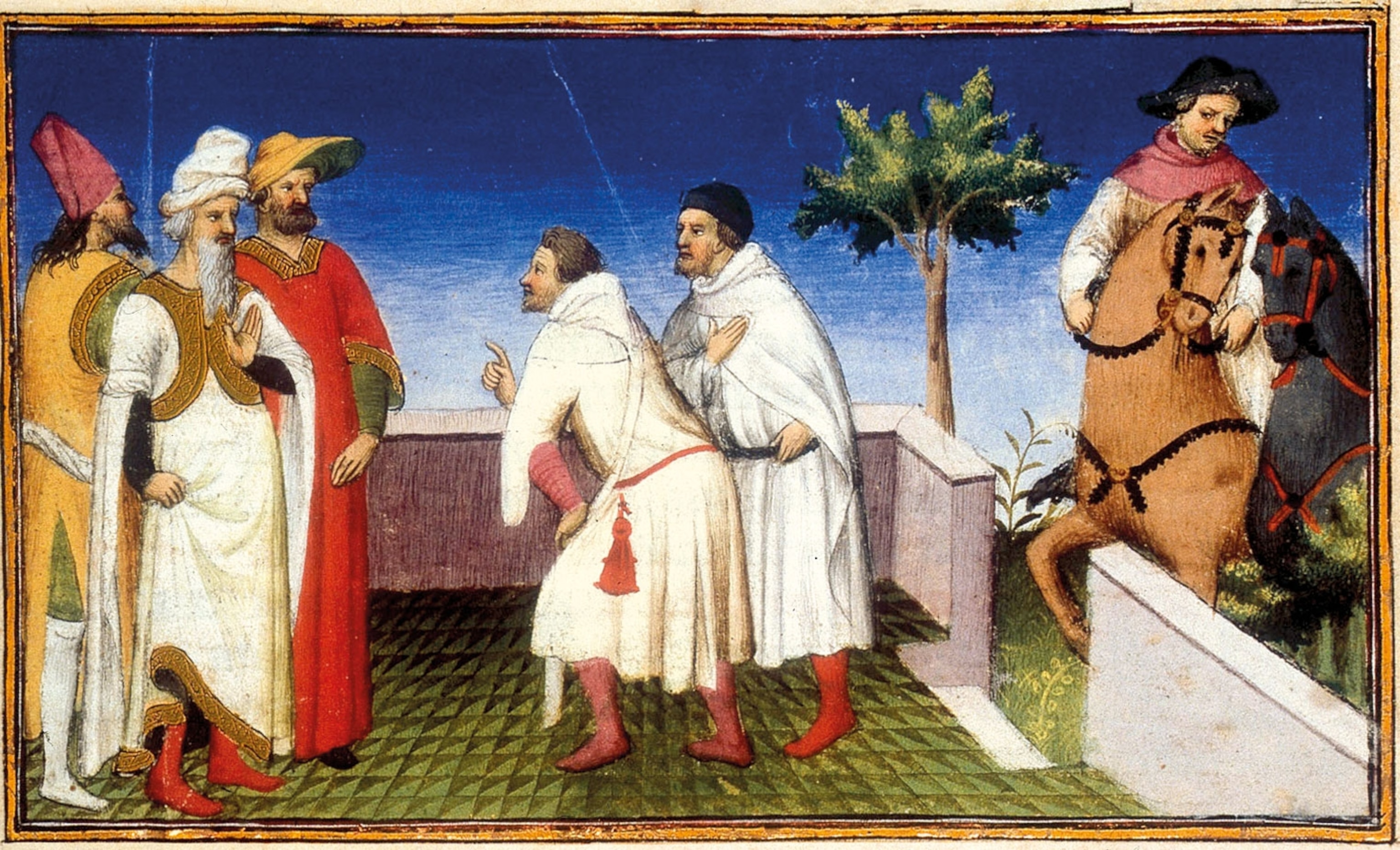the Polos taking leave of Kublai Khan in a 15th-century miniature