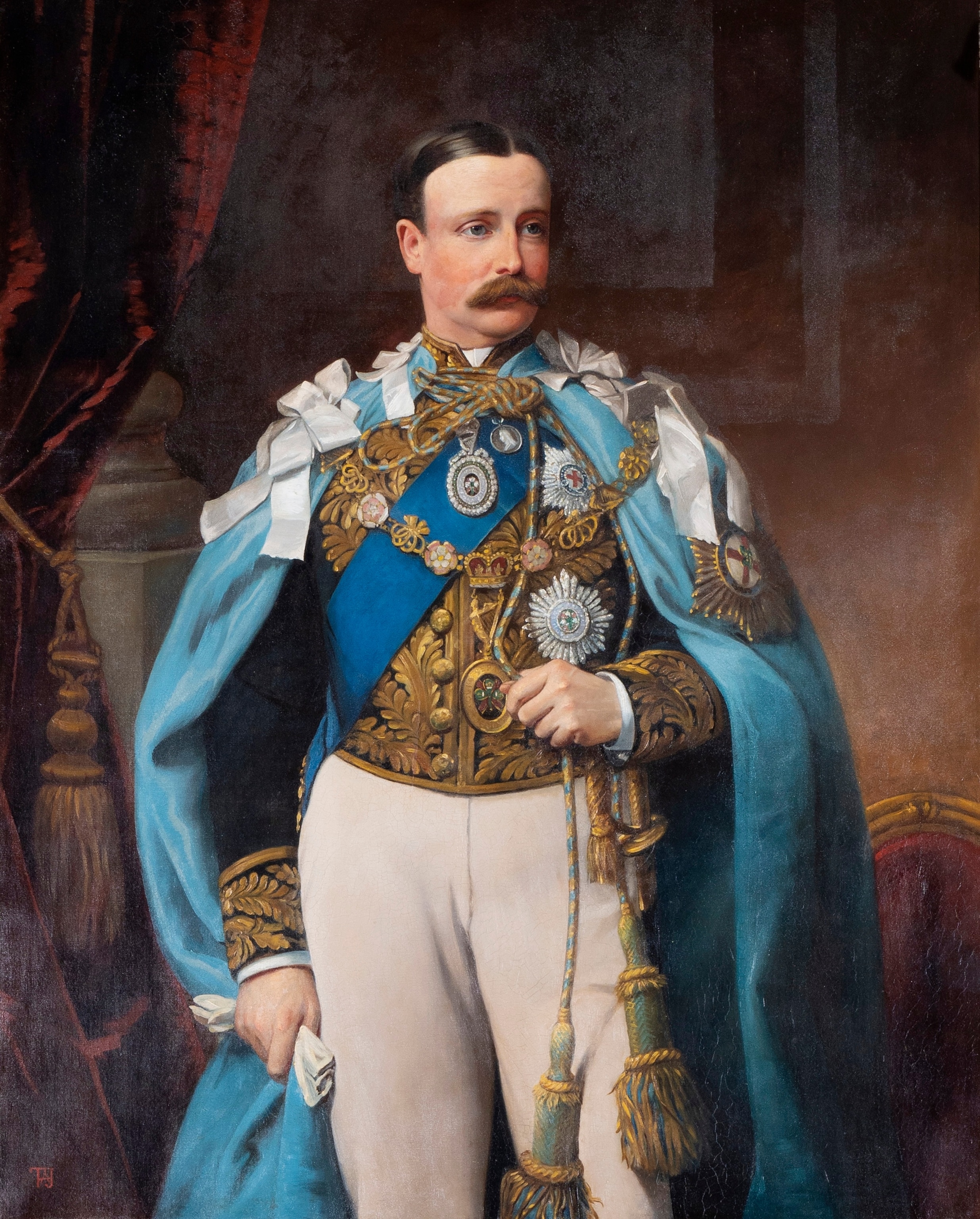 A depiction of a white man wearing official regalia and jeweled insignias, in the late 1800s.