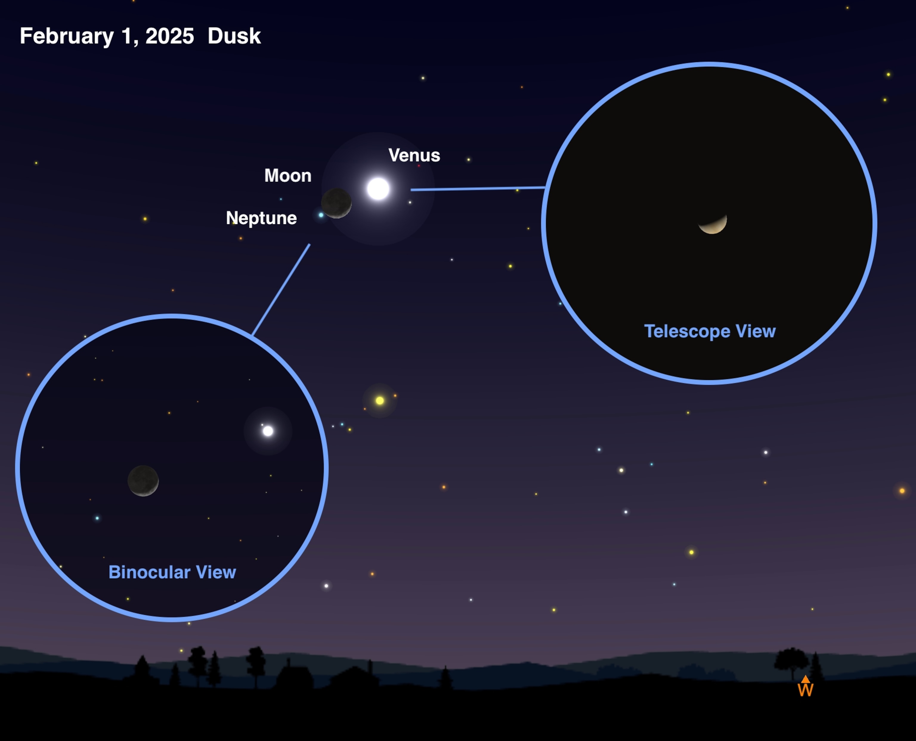 An illustrated skychart depicting the horizon while facing West, where Neptune, the Moon, and Venus are visible close together.