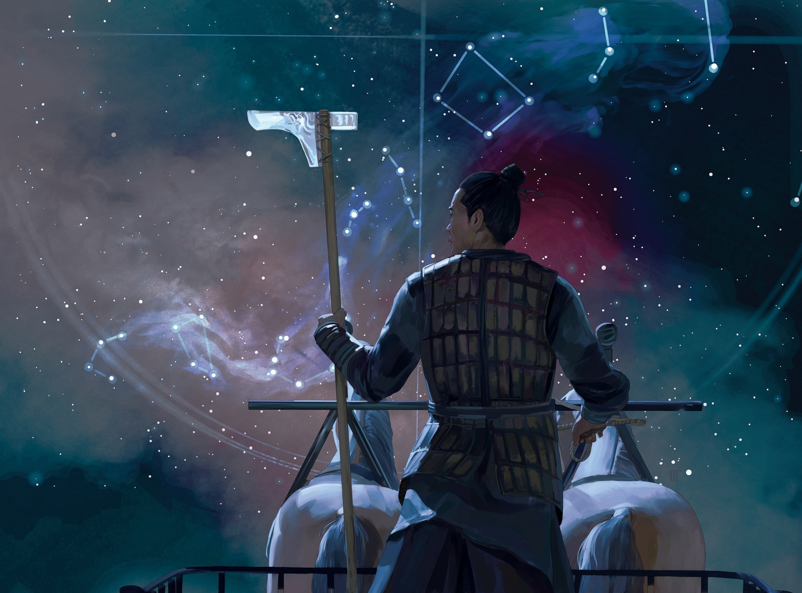 Chinese warrior with a dagger-ax in two-hours chariot under starry skies.