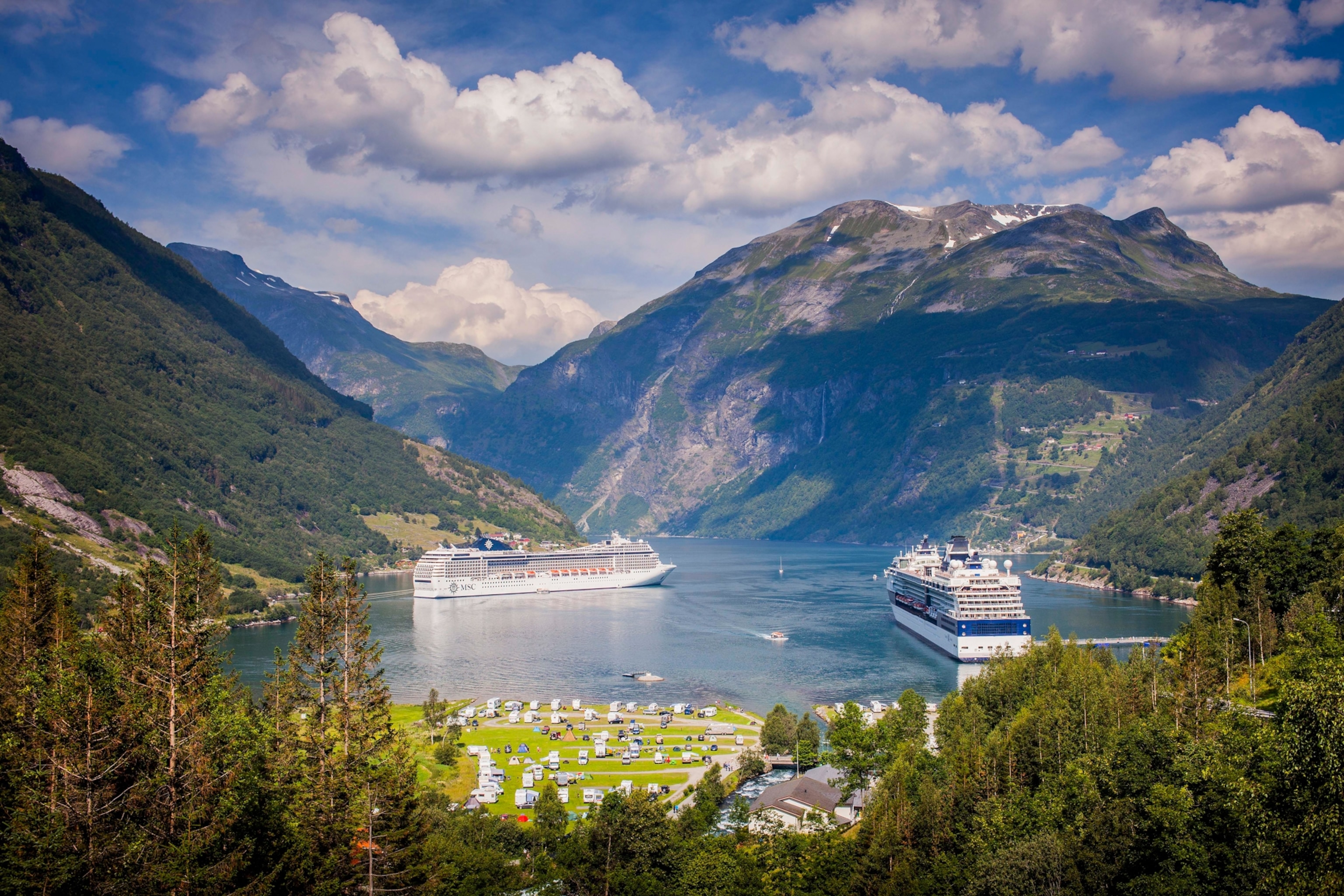An elevated view of Geiranger and Geiranger fjord