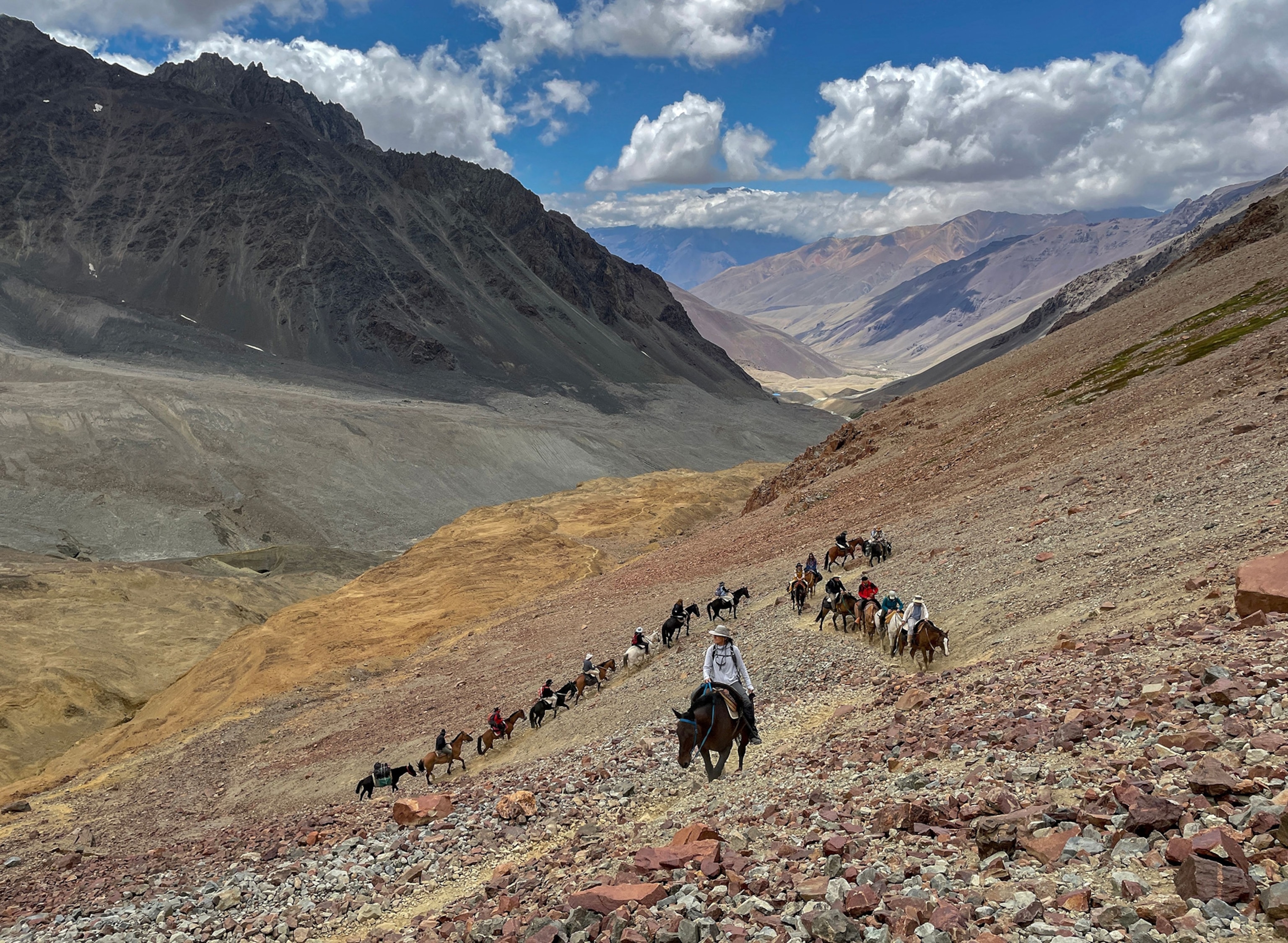 Members of a group, including relatives of passengers of the Uruguayan Air Force plane that crashed in the remote Andes Mountains in the Argentine province of Mendoza, on the border with Chile, on October 13, 1972, with 45 people aboard, including members of a rugby team, ride on horseback through the mountains to the site.