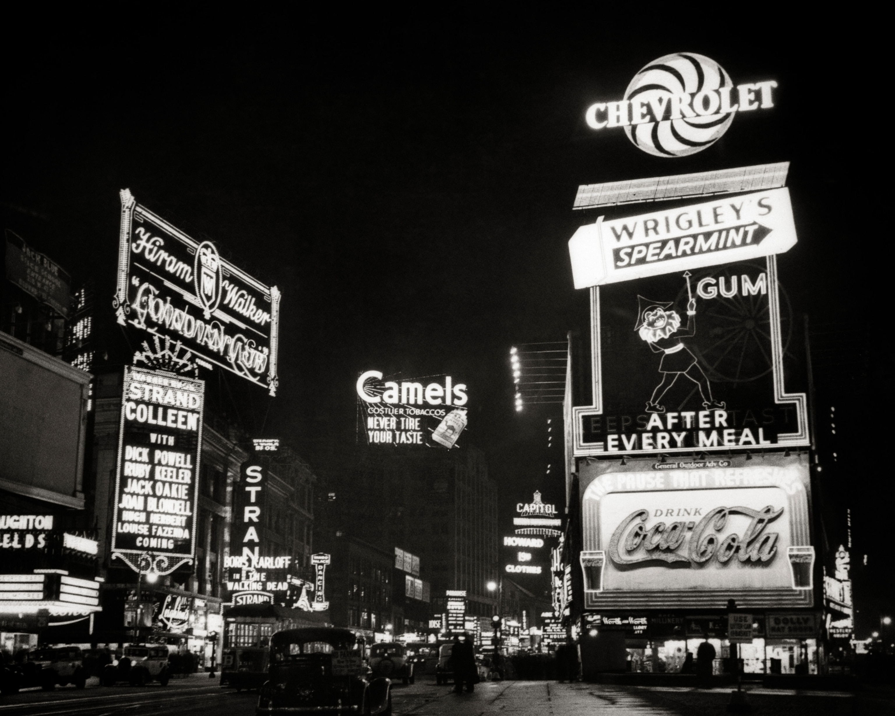 1930s TIMES SQUARE BROADWAY 47TH STREET FULL OF NEON SIGNS
