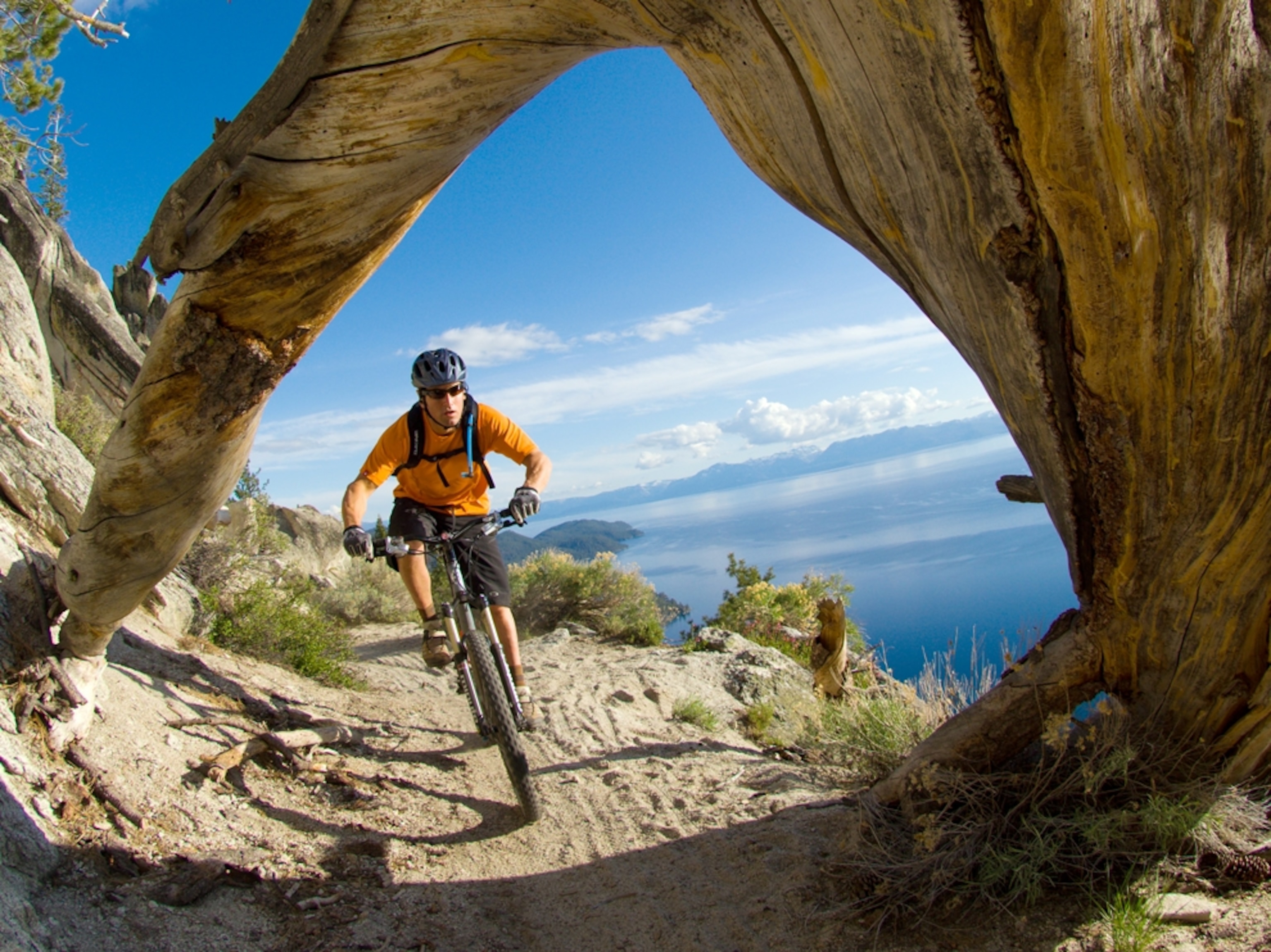 a biker on the Flume Trail in Lake Tahoe