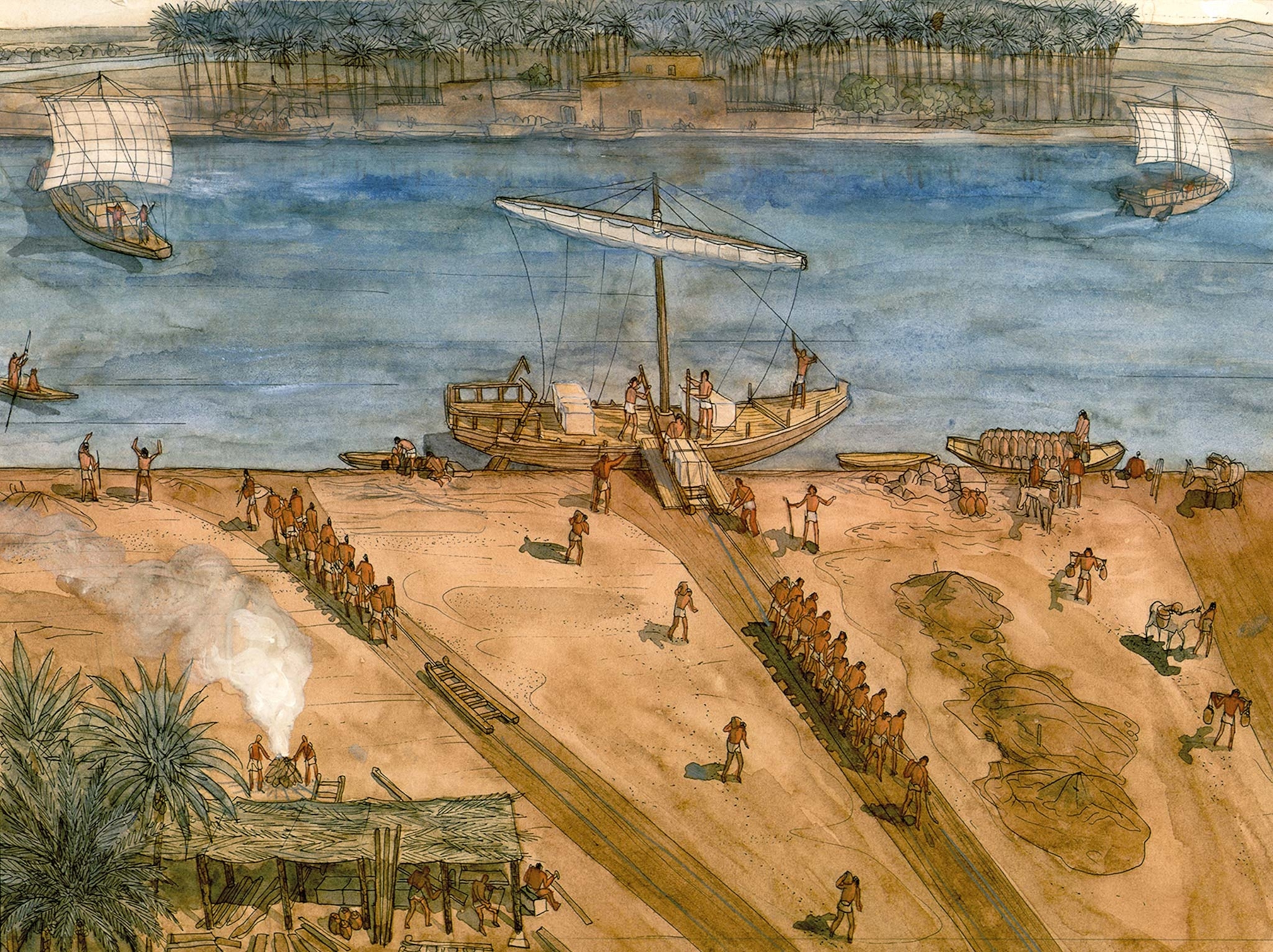 A watercolor depicts the busy harbor at Giza