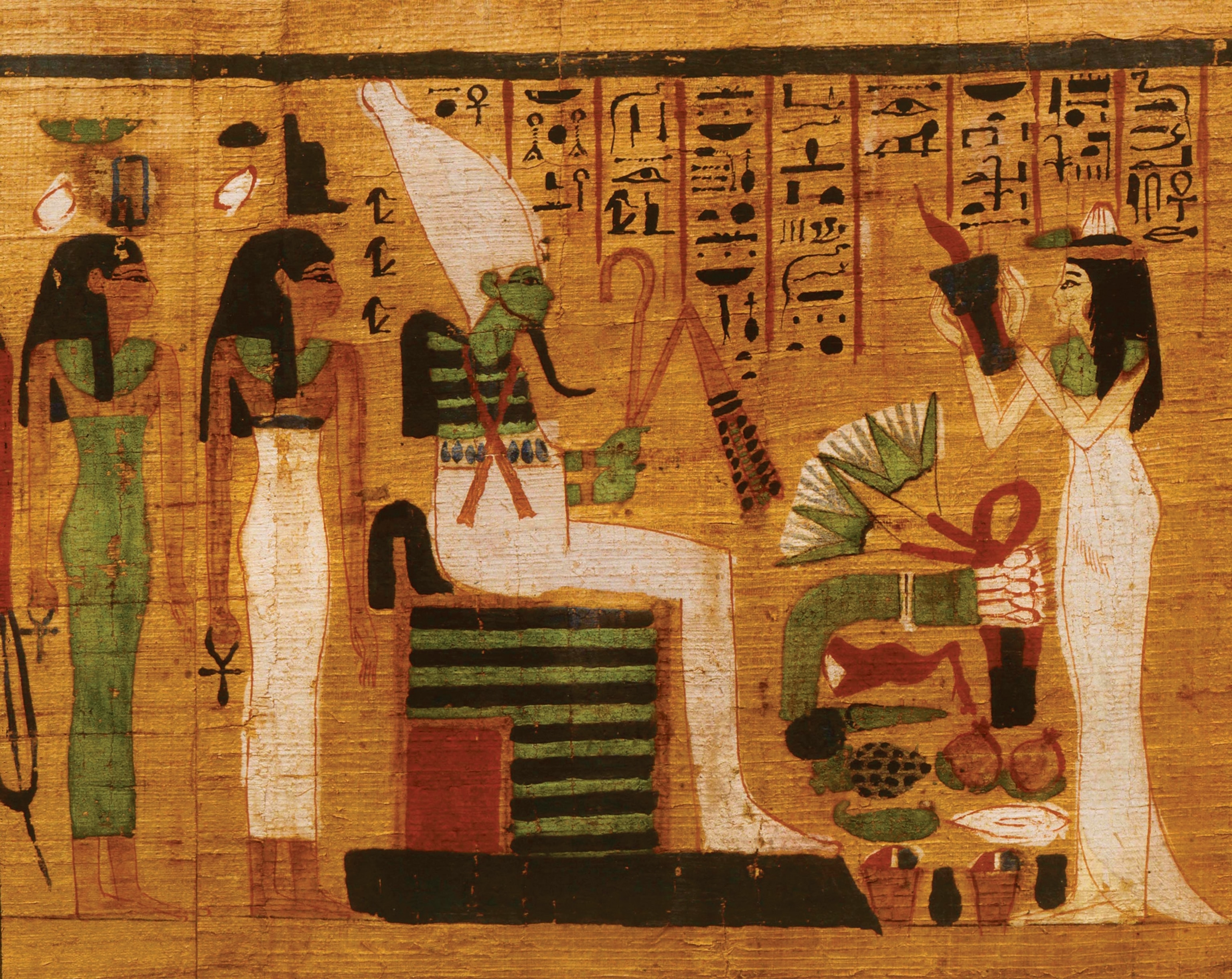 The deceased stands with offerings before the god Osiris.