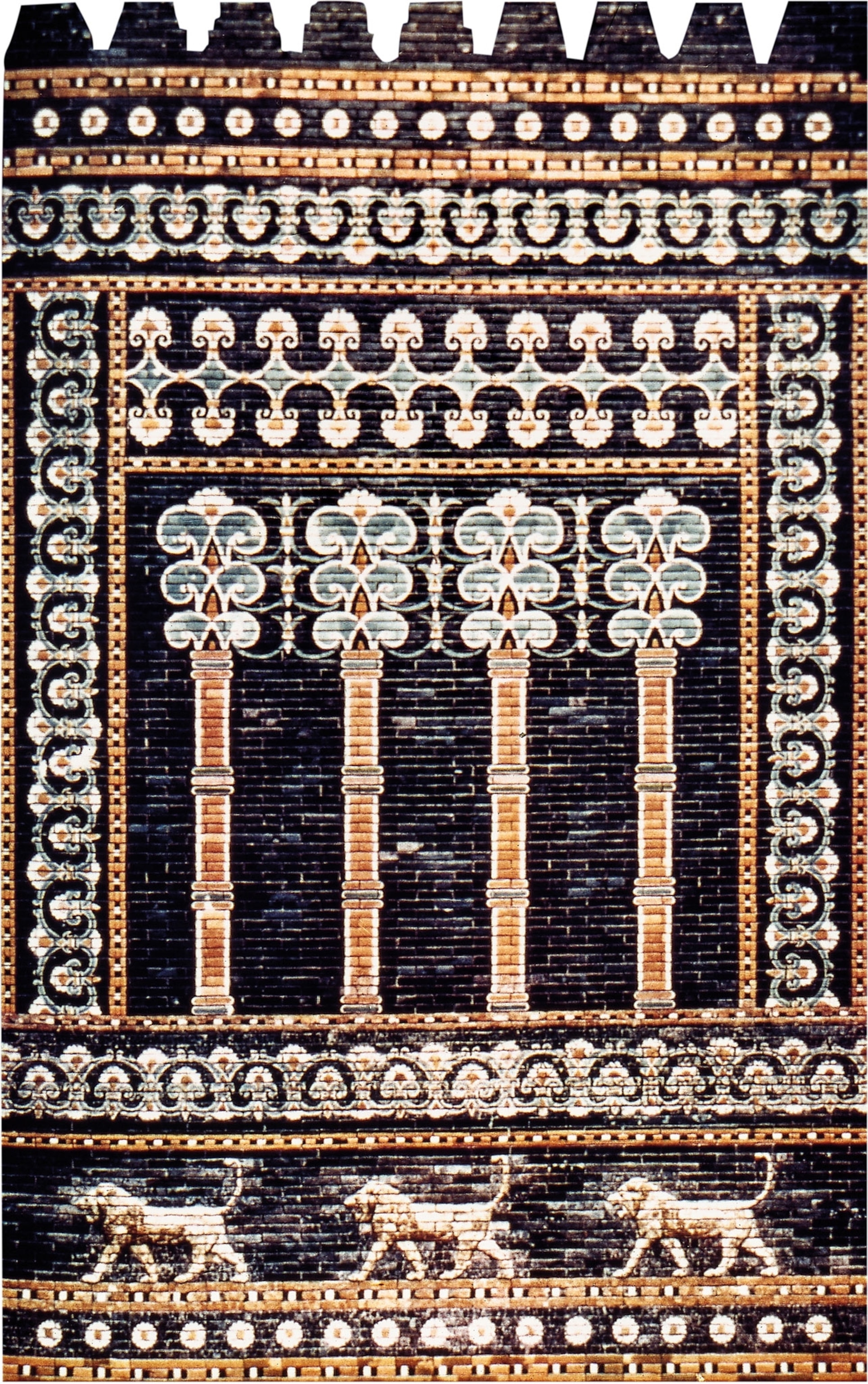 a brick mosaic of trees and lions