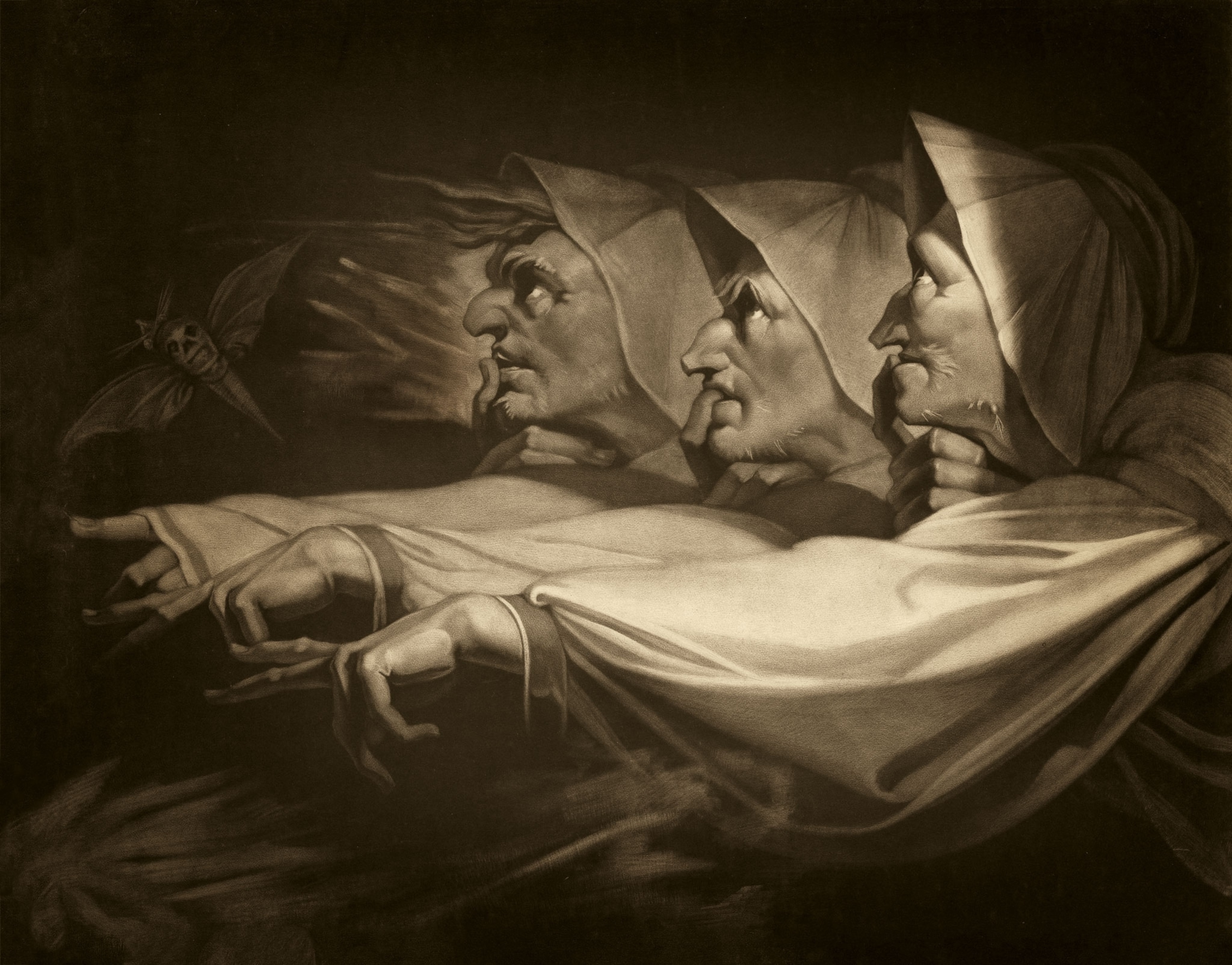an engraving of Henry Fuseli’s 1783 painting of the witches from Shakespeare’s Macbeth