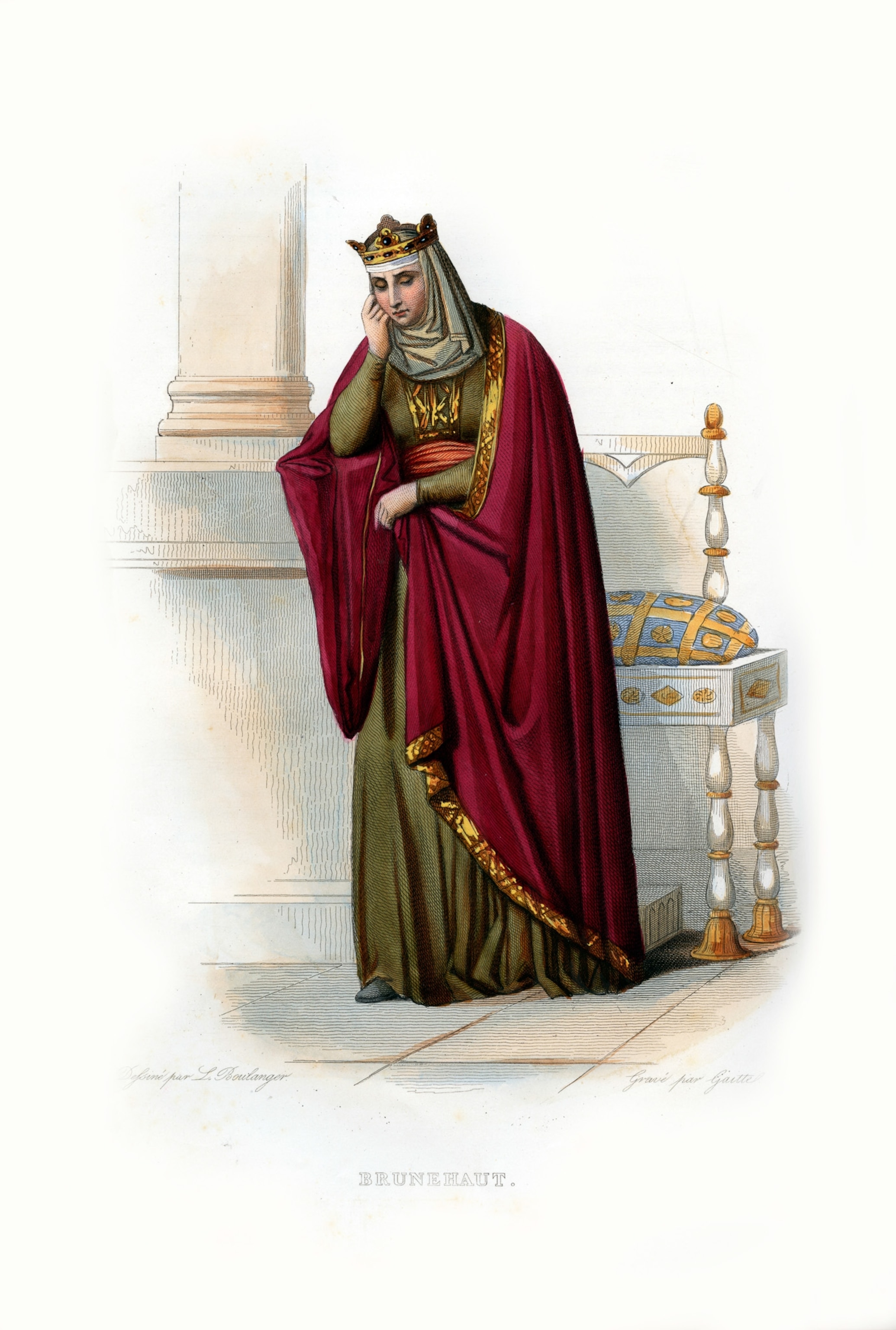An illustration of a woman standing with a red cloak, the background is loosely rendered.