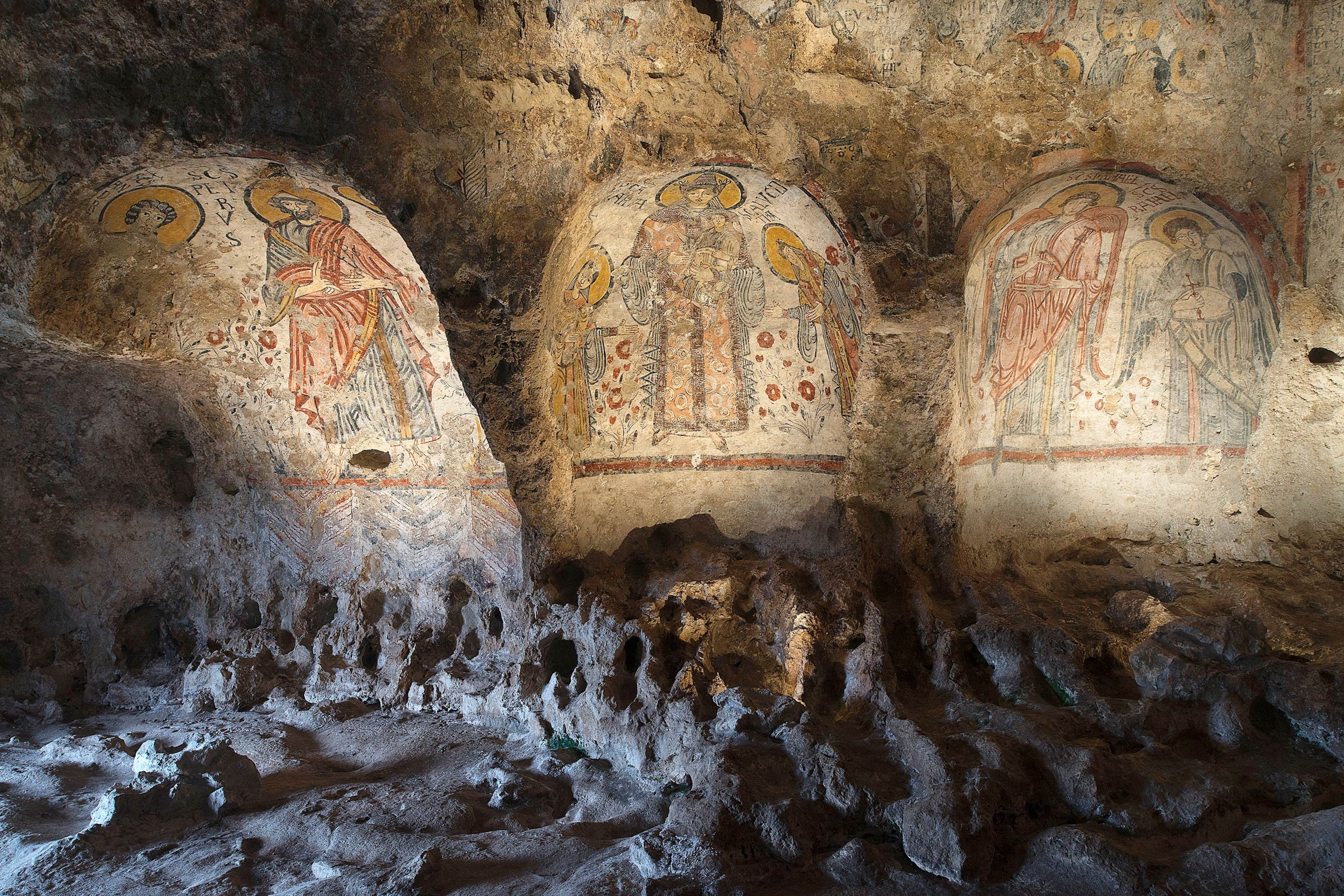 paintings in cave church in Matera, Italy