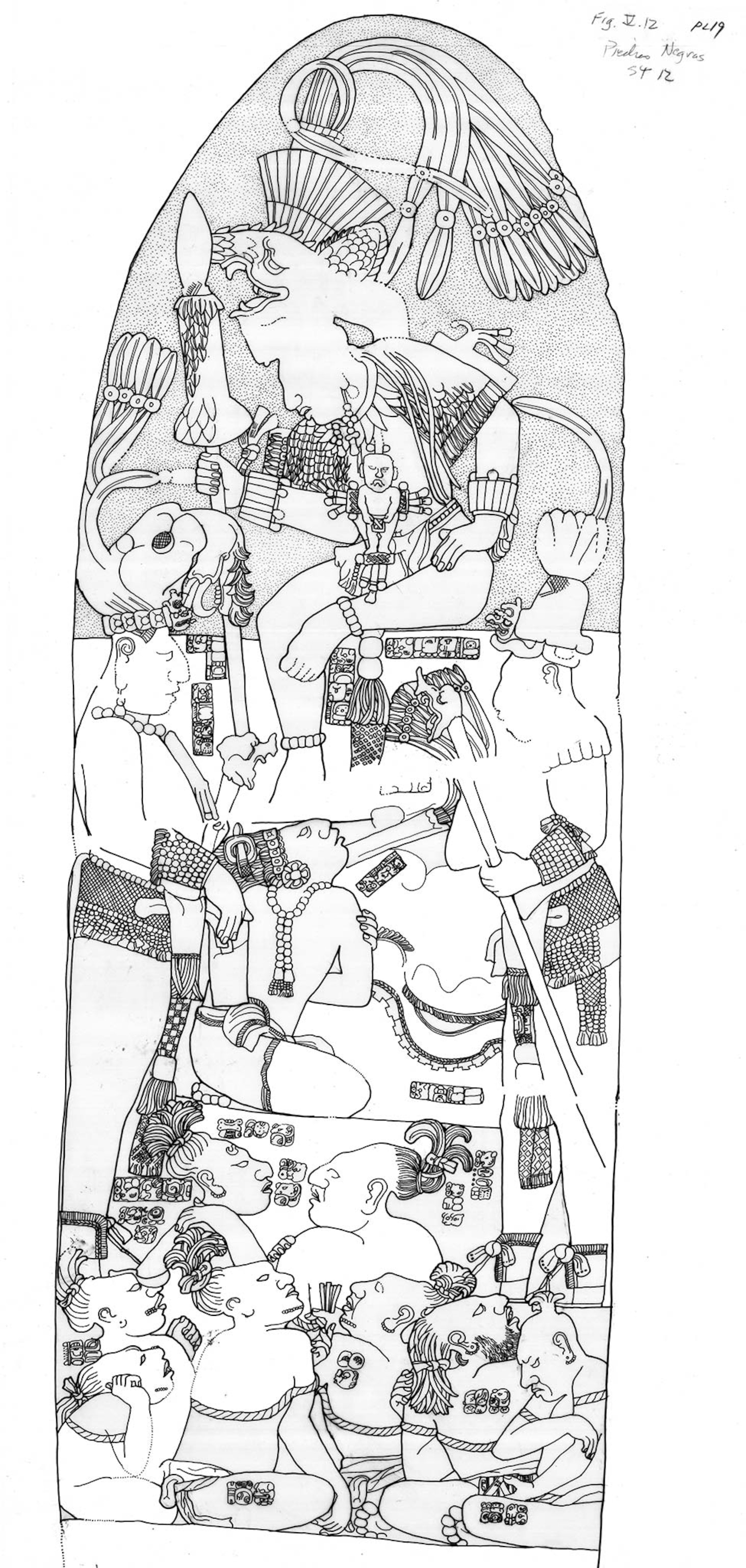 A 1986 drawing of stela 12 by Linda Schele