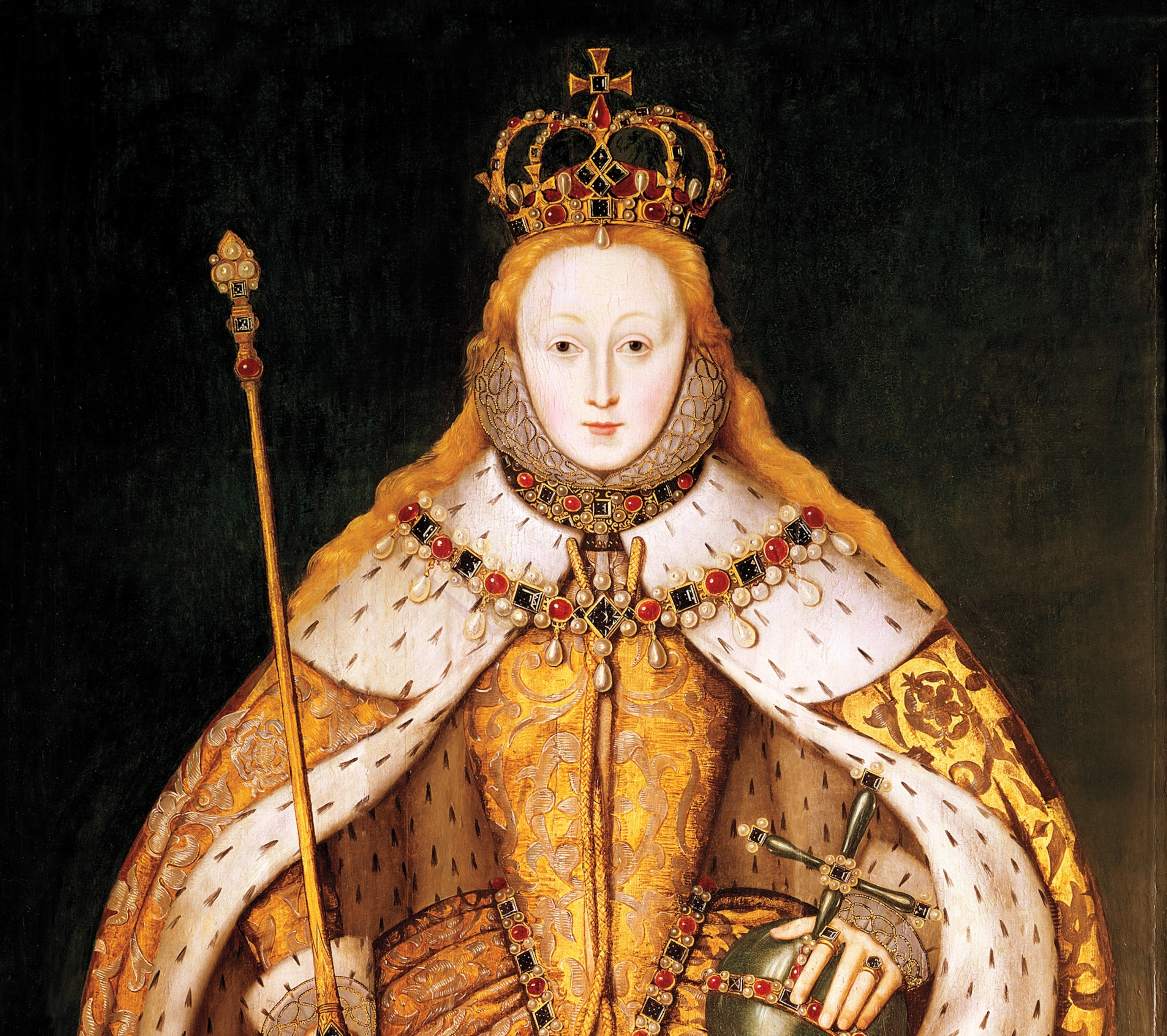 A portrait of Elizabeth I (circa 1600) in the golden robes she wore at her coronation in 1559.