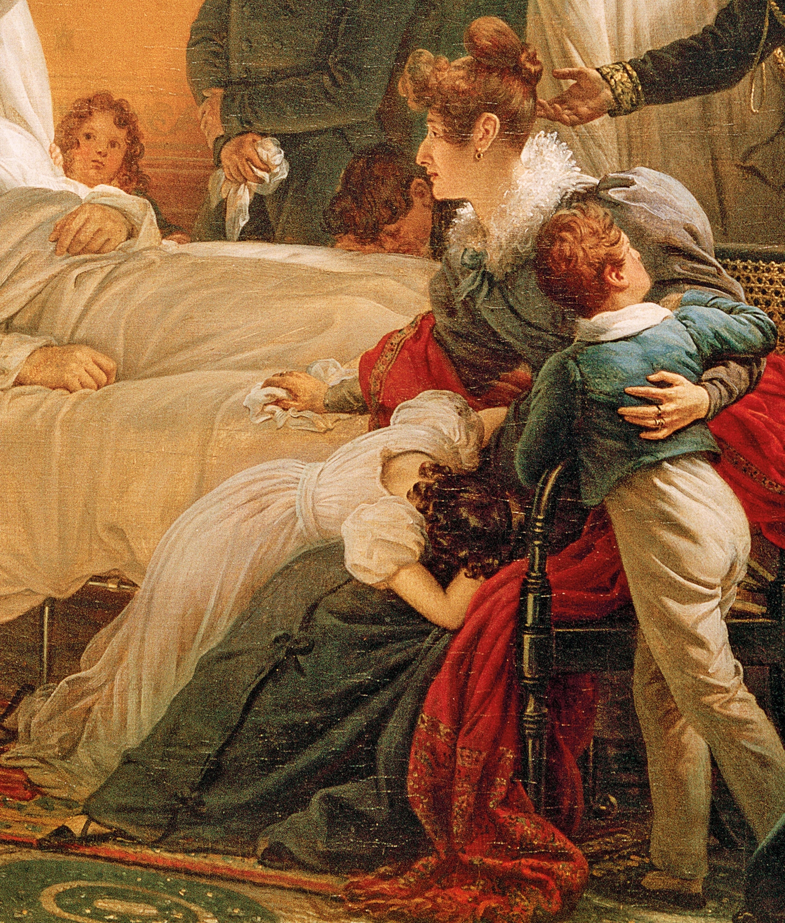 A painting of people huddled around a bed