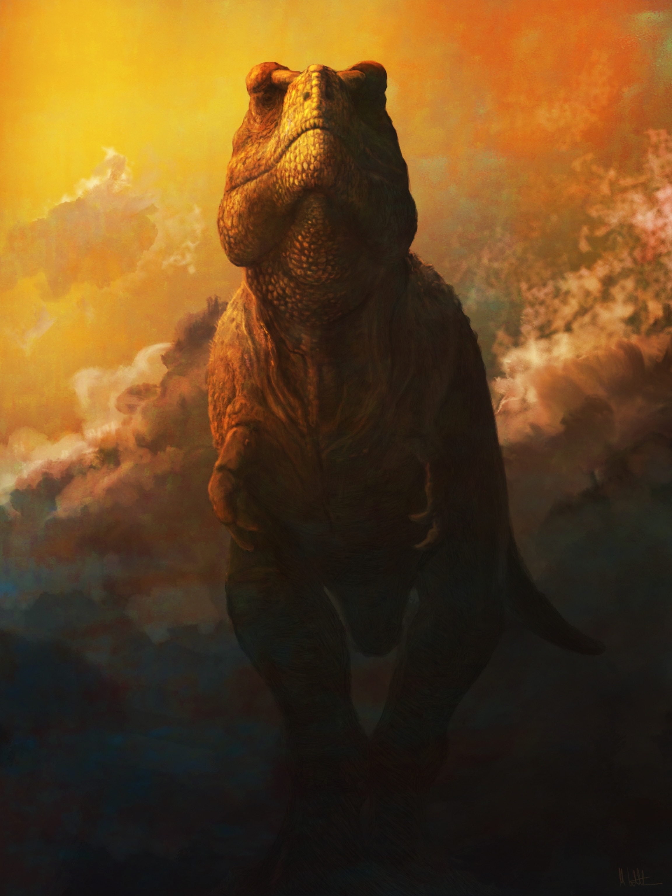 Illustration of a T. rex bellowing with its mouth shut.