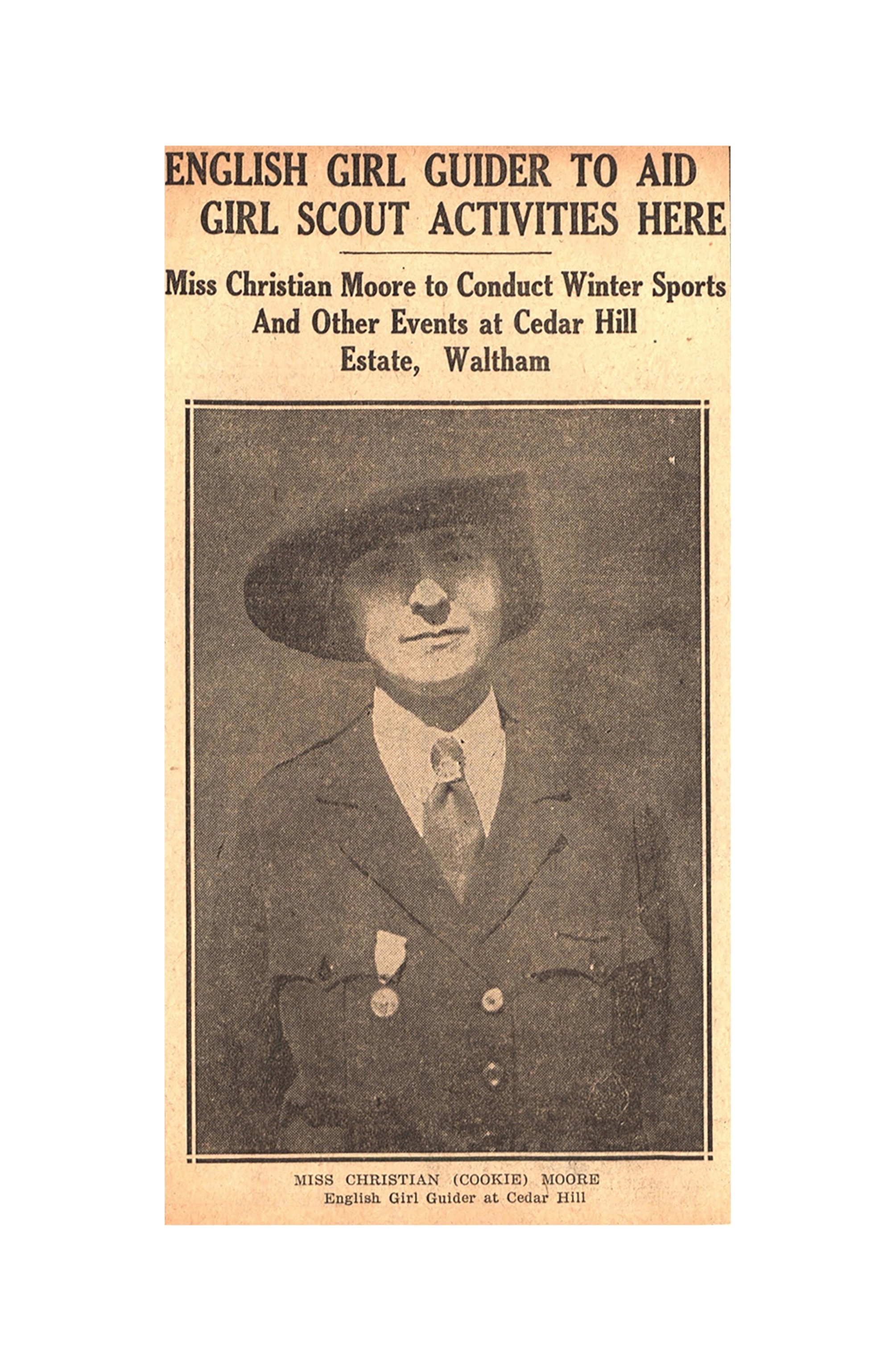 Newspaper Clipping, Portrait of Cookie, September 1924. Personal Collection of Elsa Jacobson, Troop #3, Dorchester, MA. Scrapbook #123