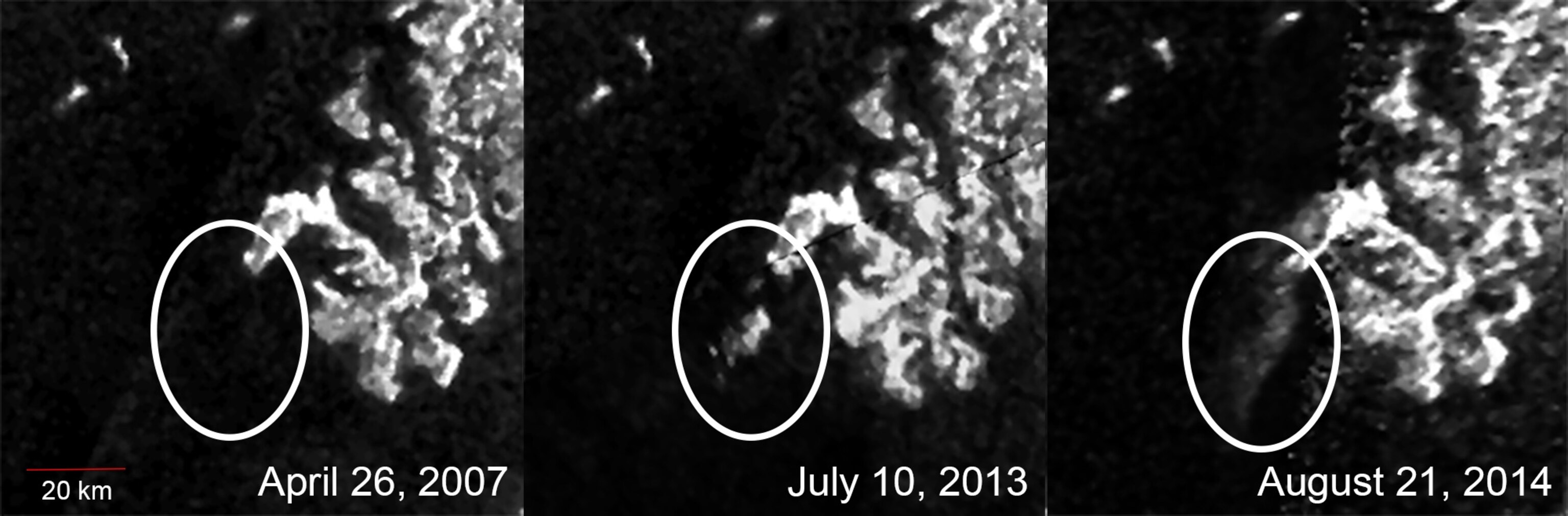 The Magic Island in Titan's Ligeia Mare, as seen by NASA's Cassini spacecraft. (NASA/JPL-Caltech/ASI/Cornell)