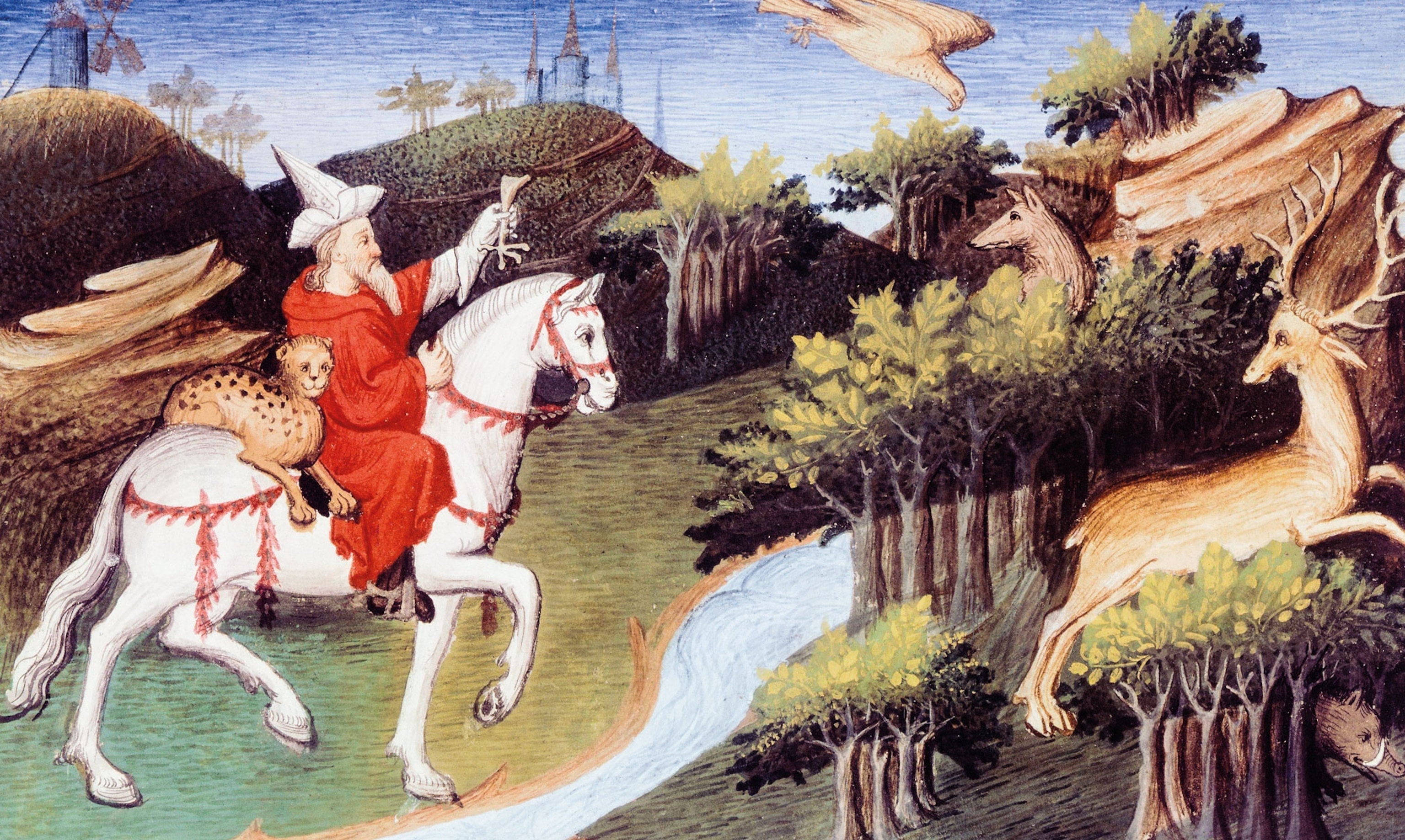 Kublai Khan releasing his falcon to fly off in search of prey