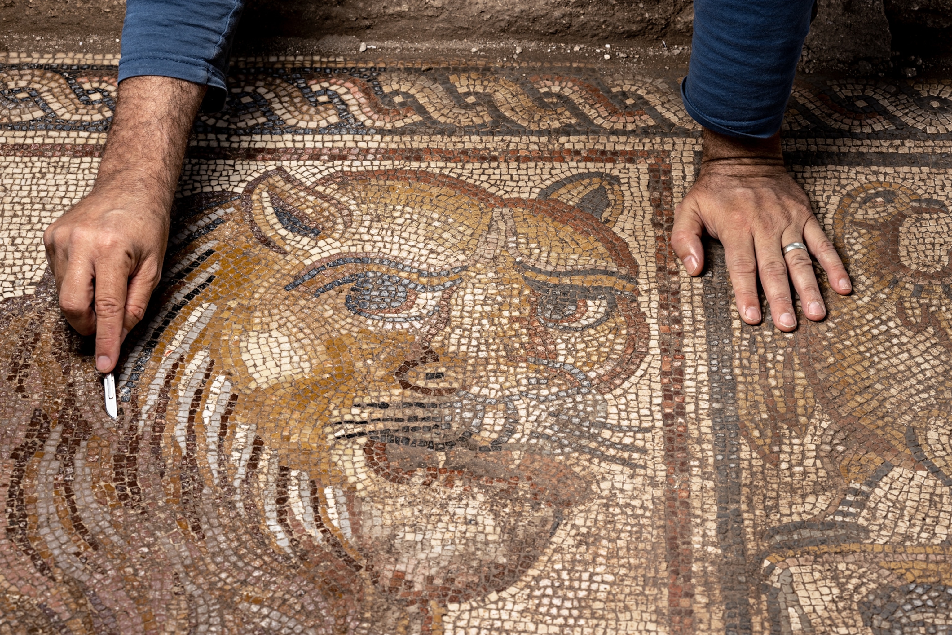 mosaic portrait of a lion's face. A man with what looks like an x-acto knife is scraping out dirt between mosaics.