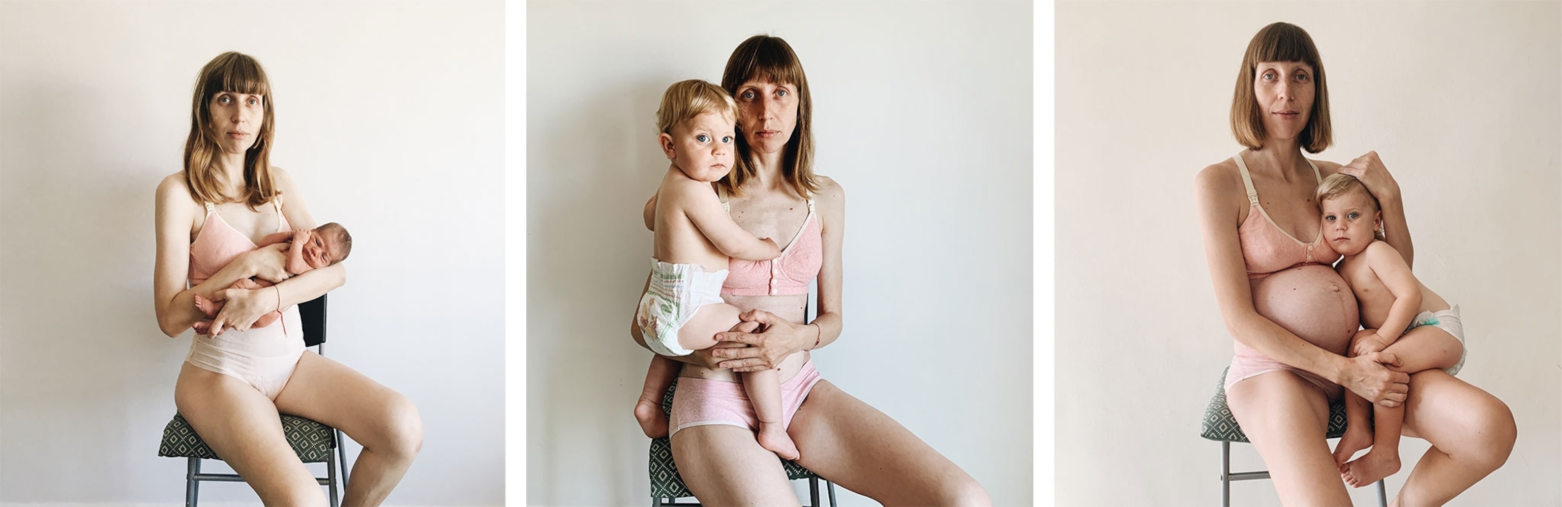 a triptych showing a woman holding her son from his time of birth to two years old