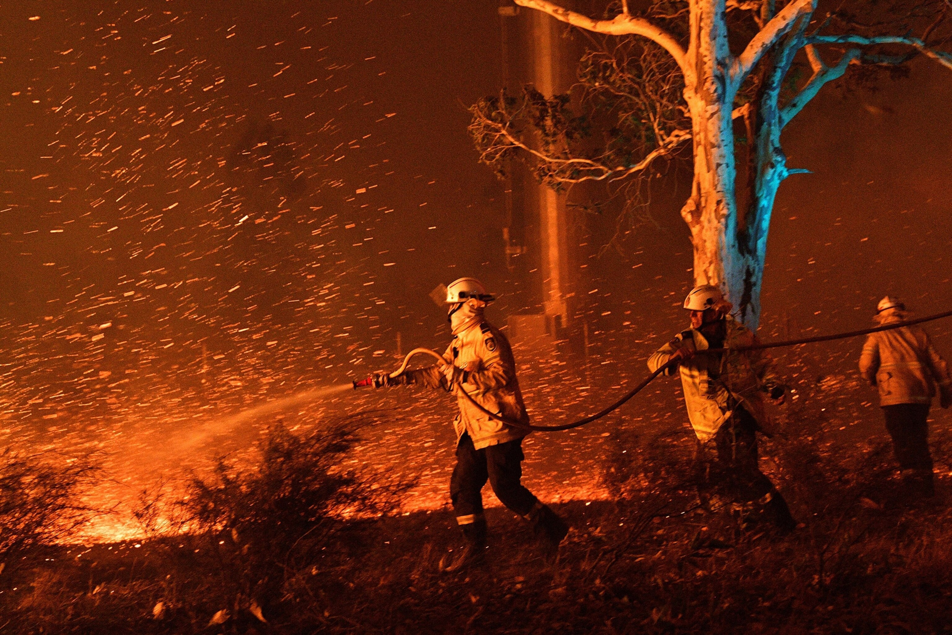 firefighters hosing down embers in a bushfire in Australia