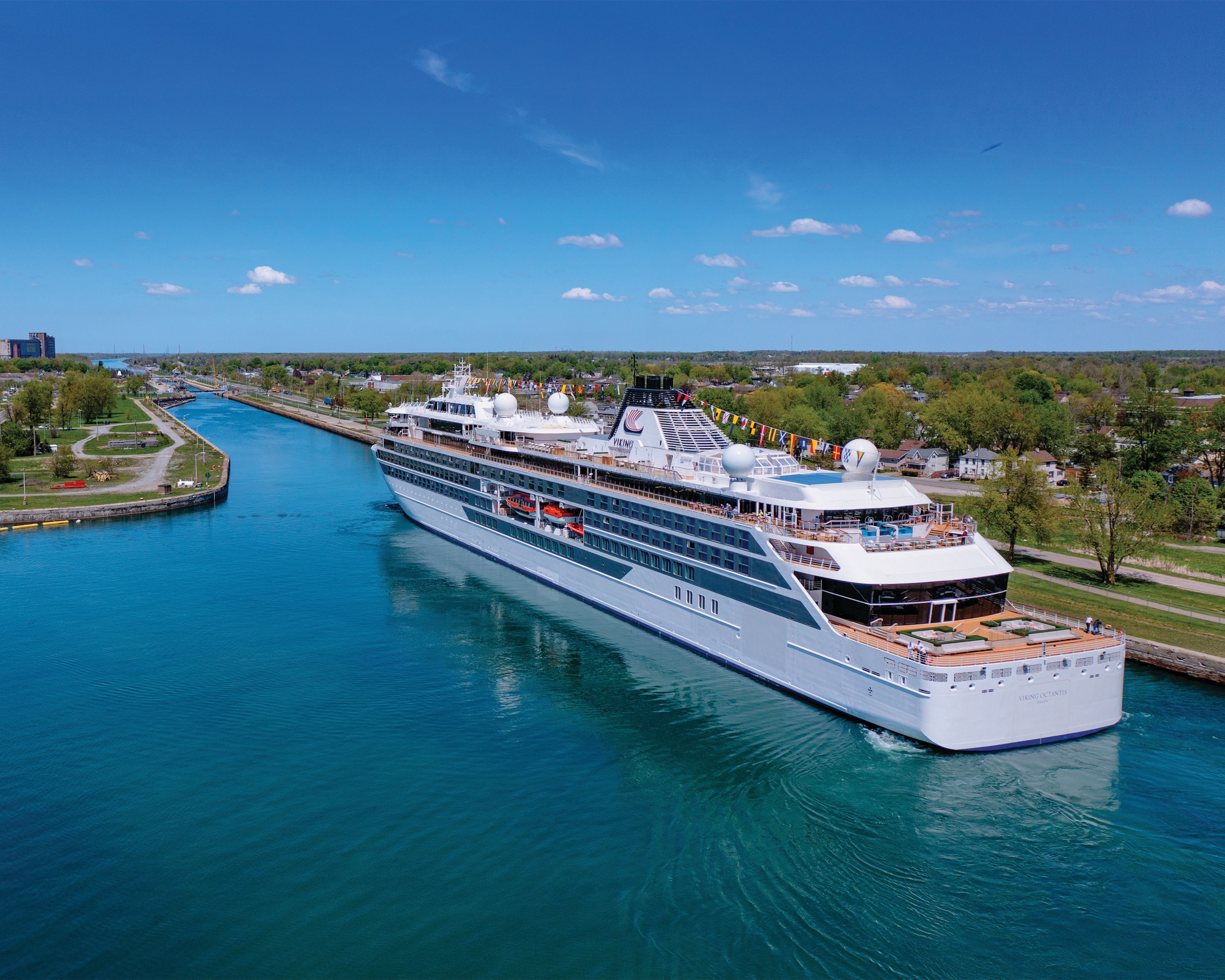 the Viking Octantis is pictured here transiting the Welland Canal, a key section of the St. Lawrence Seaway connecting Lake Ontario and Lake Erie.