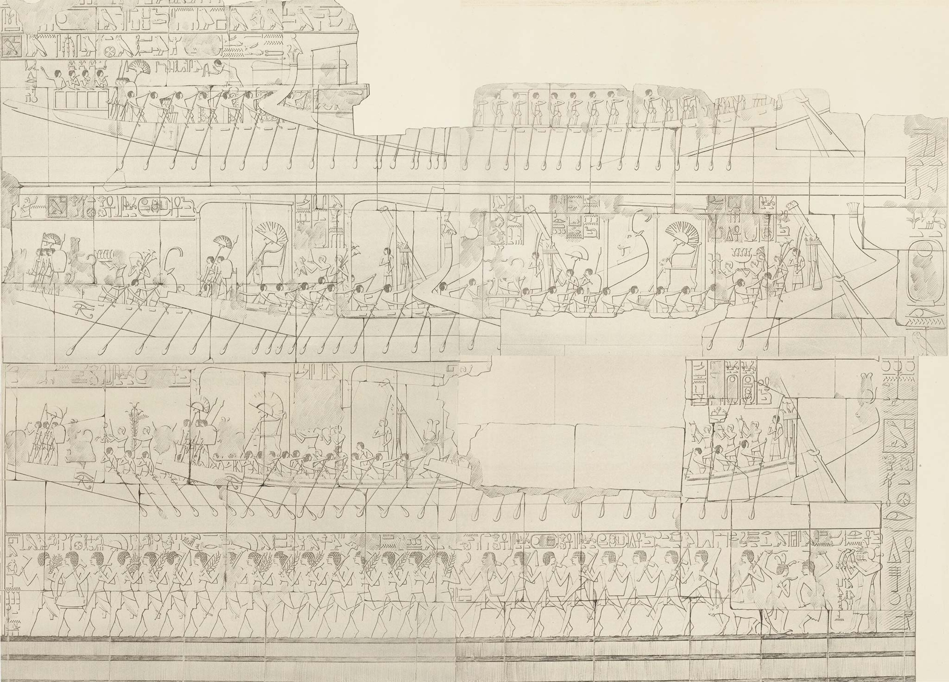 A drawing of a relief in the tomb's chapel shows a religious procession with several people's side profiles