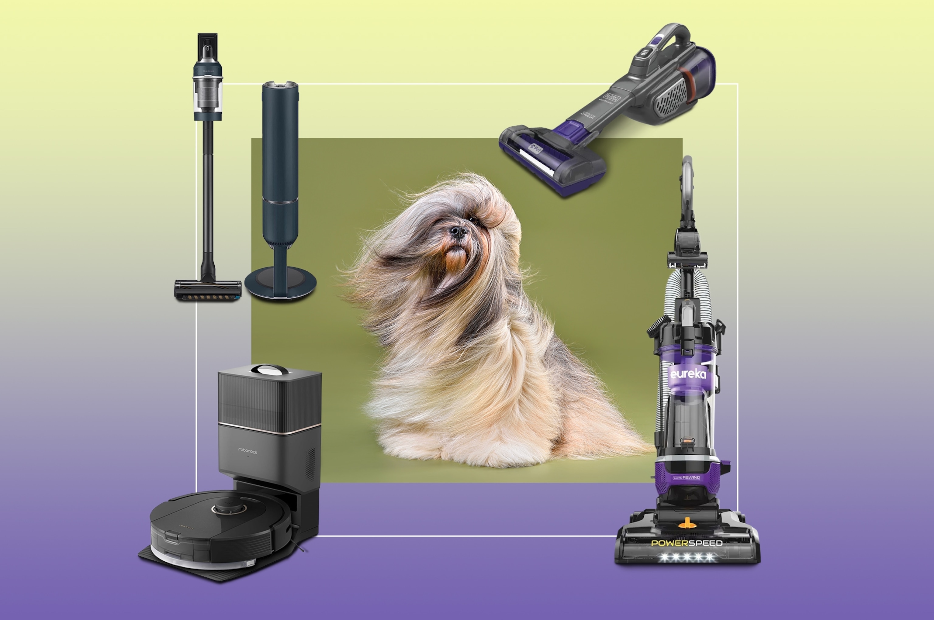A main photograph of a Lhasa Apso dog surrounded by images of pet hair vacuums.