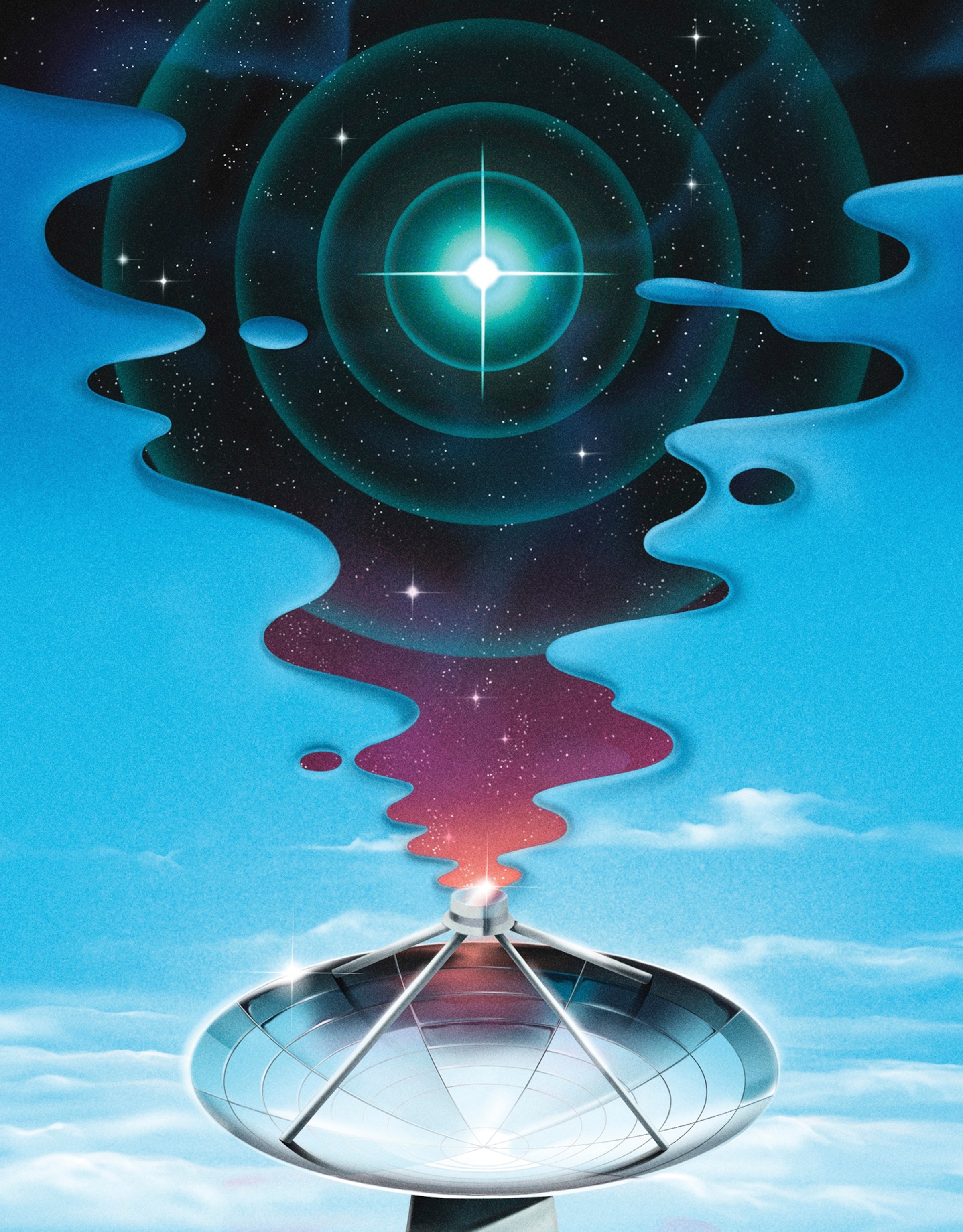 Illustration depicting telescope receiving fast radio bursts from space
