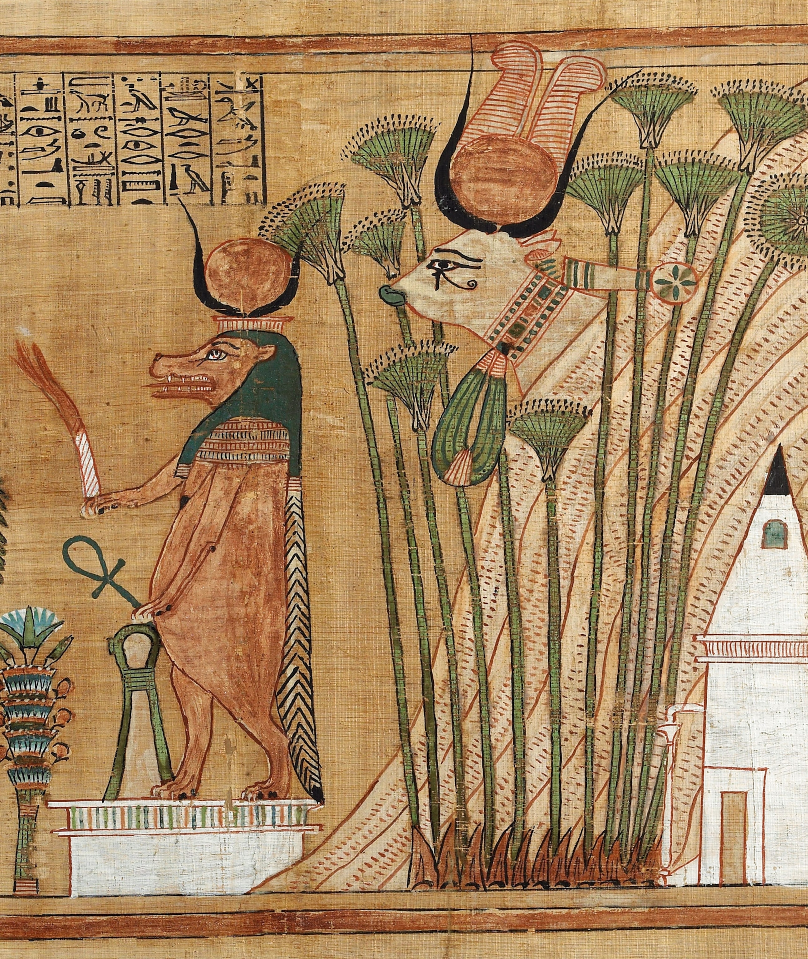 A painting of a scene of animals along reeds