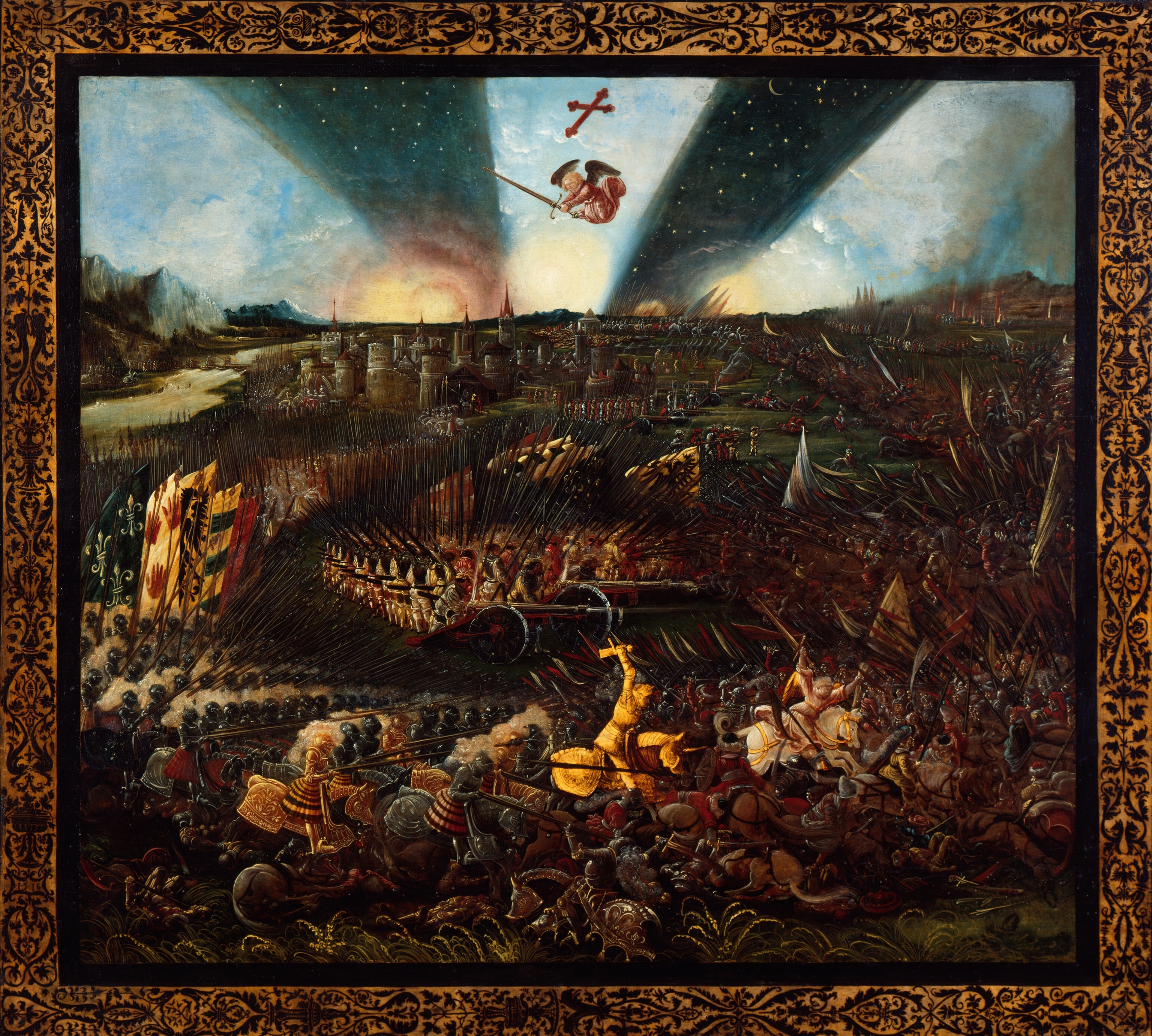 A painting depicts an angle over a battle field.