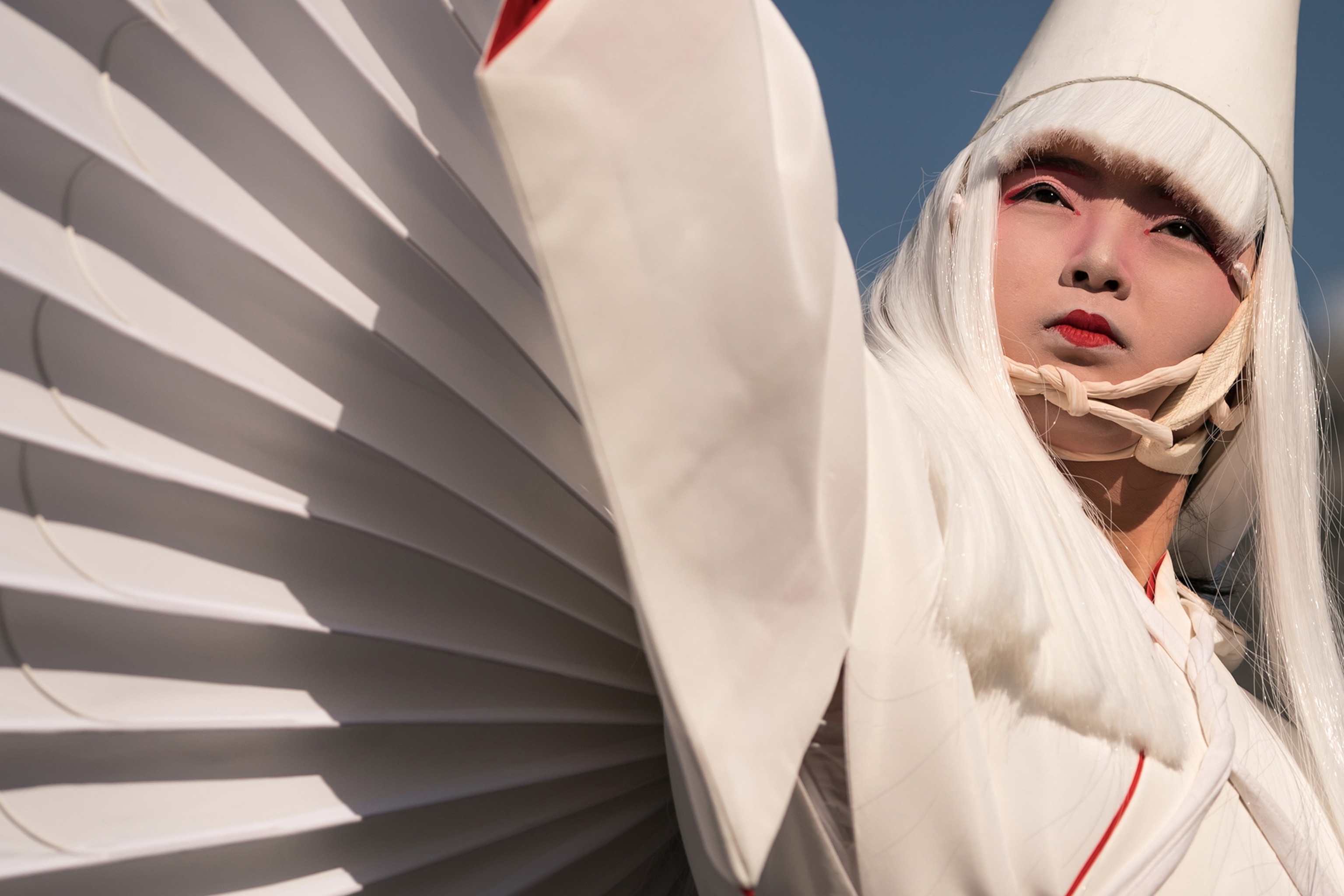 A close up of a dancer performing the Shirasagi-no Mai, or White Heron Dance.
